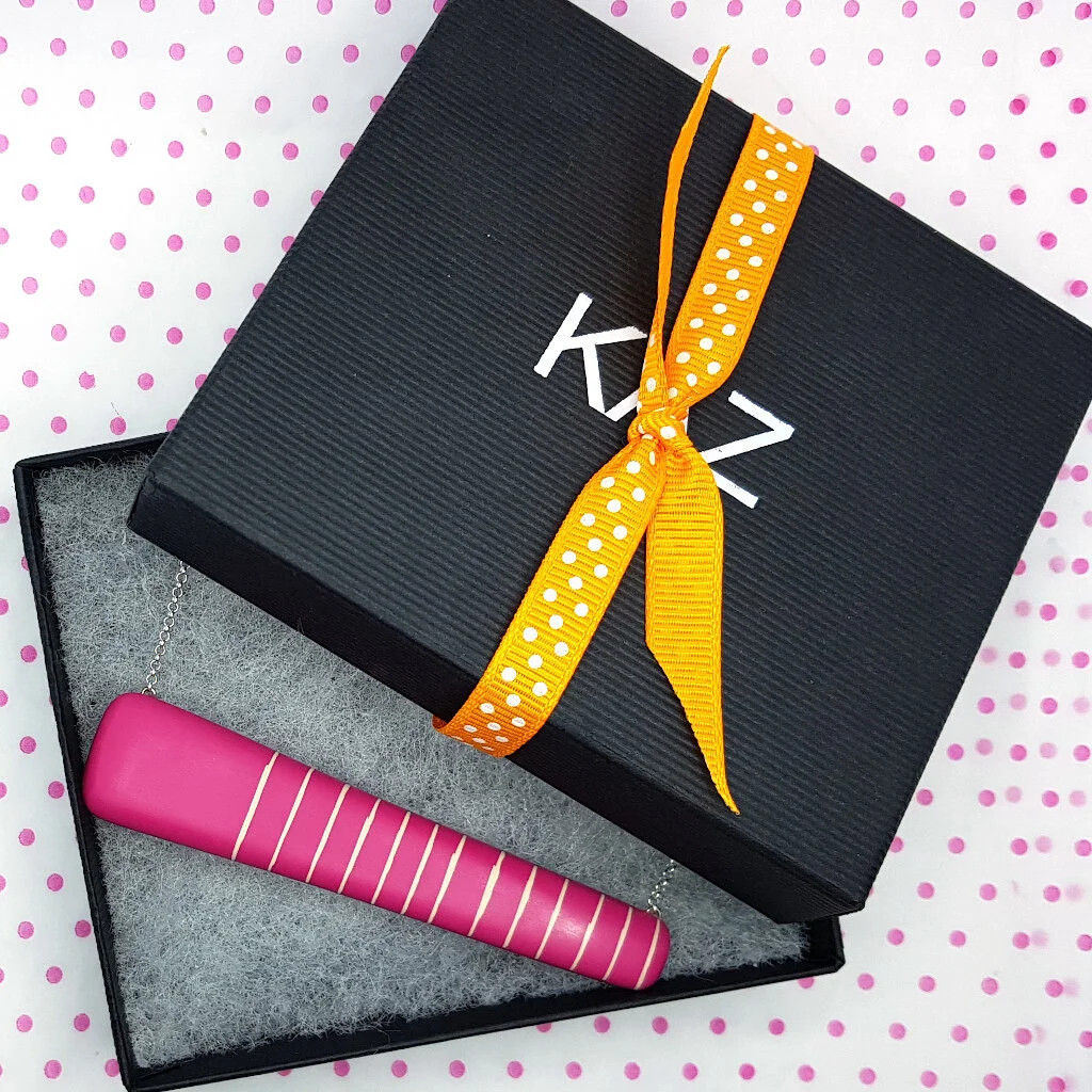 beautiful gift wrapped pink stripy resin rectangle necklace, KAZ jewellery box