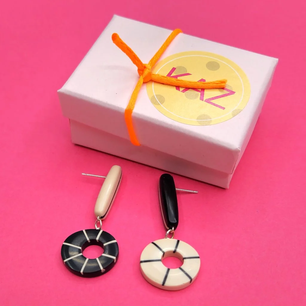 Resin lollipop drop earrings - black and nude stripe mismatch with hoop bottoms