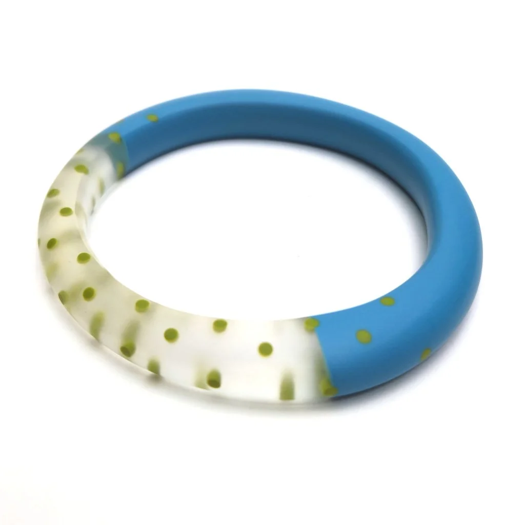 Resin wangle bangle - deep turquoise with clear cut out and green spots