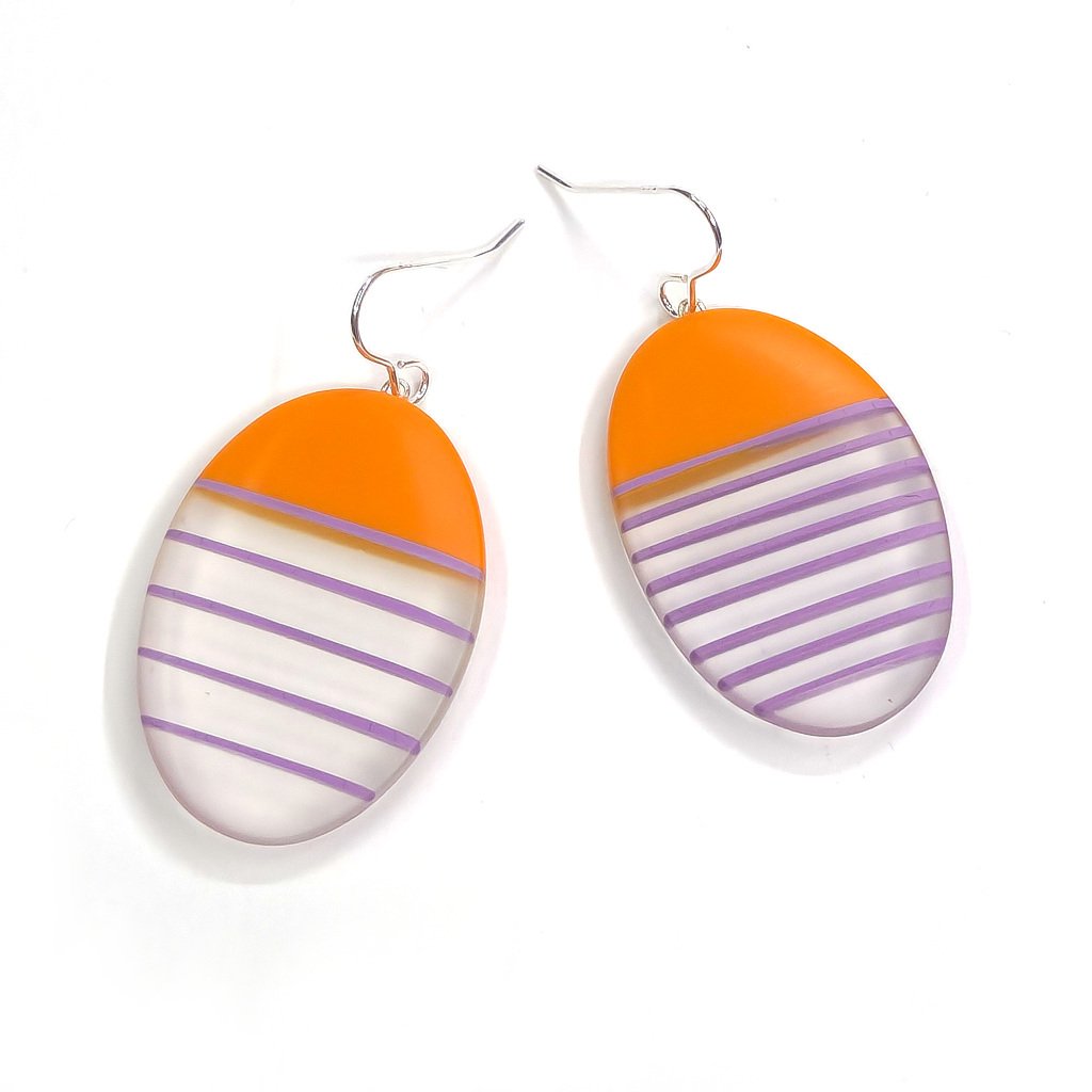 Large resin drop earrings - orange with lilac mismatch stripes