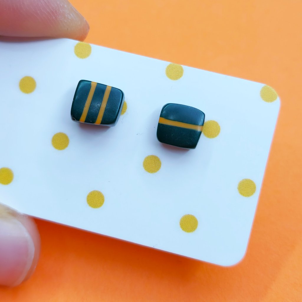 Mini resin stud earrings - deep forest green with orange stripes