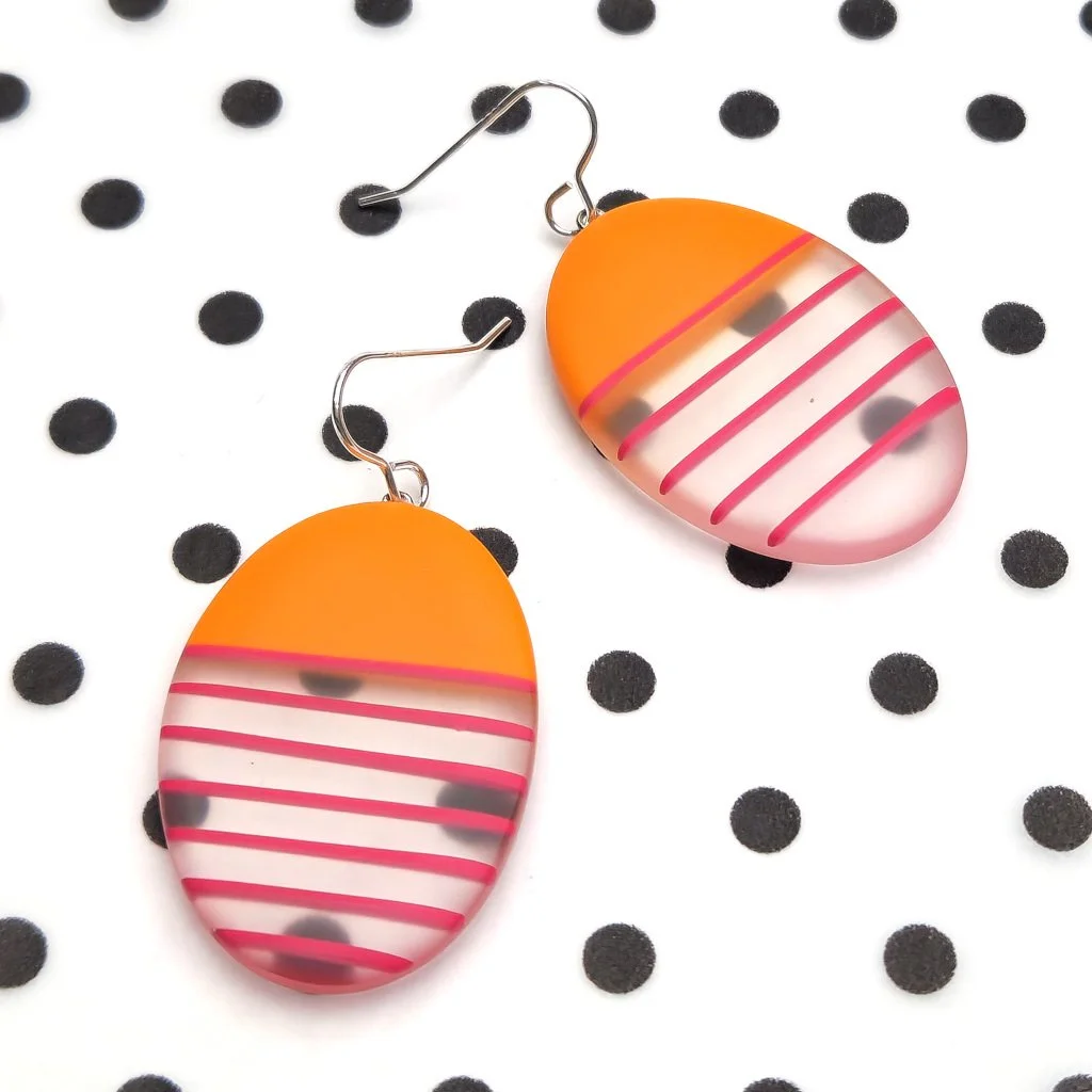 Large resin drop earrings - cerise with orange stripes