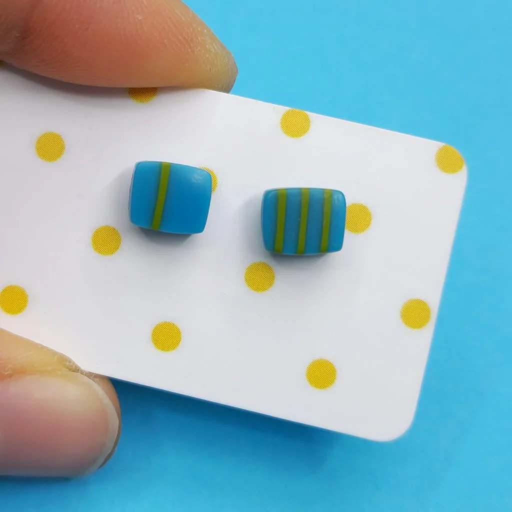 mini stud earrings - deep turquoise with green mismatch stripes