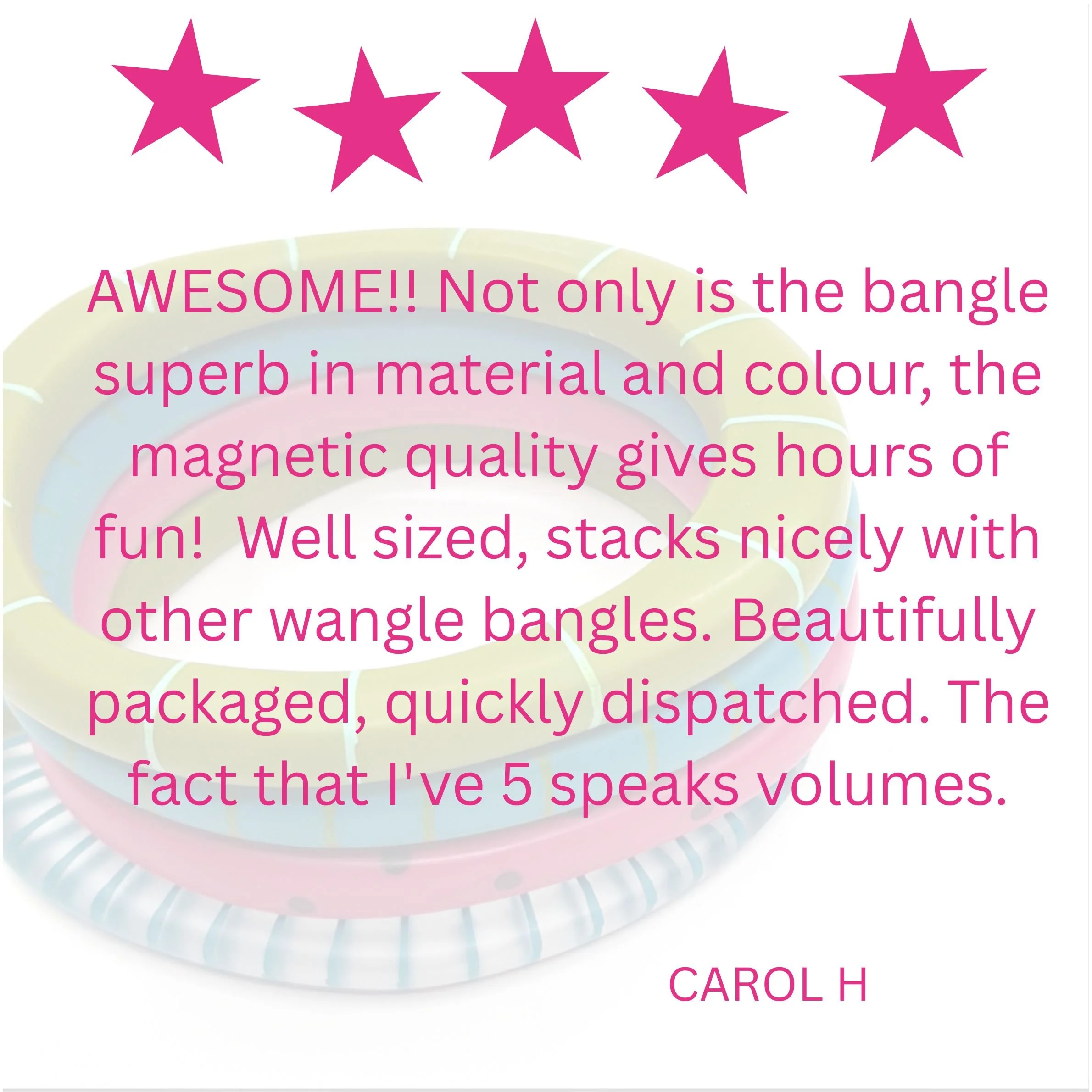 AWESOME!! Not only is the bangle superb in material and colour, the magnetic quality gives hours of fun! Picks up cutlery easily! Well sized, stacks nicely with other wangle bangles. Beautifully p.jpg