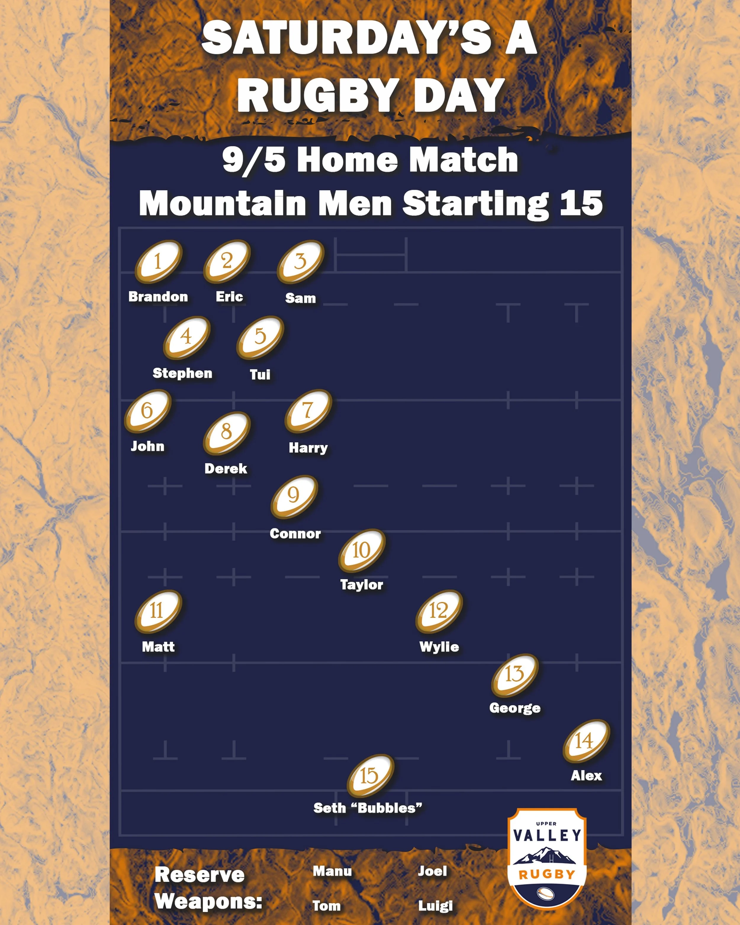 Tomorrow, Sept. 5th, at 1:00 pm, your Upper Valley Mountain Men host the Springfield Men's D4 side at our home at 75 Bank Street in Lebanon.

It's going to be an afternoon of great rugby!