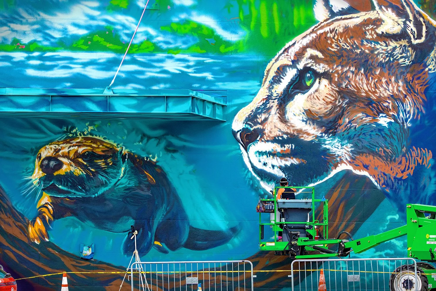 Echoes of Resilience mural — Lakeland Florida in progress lift view