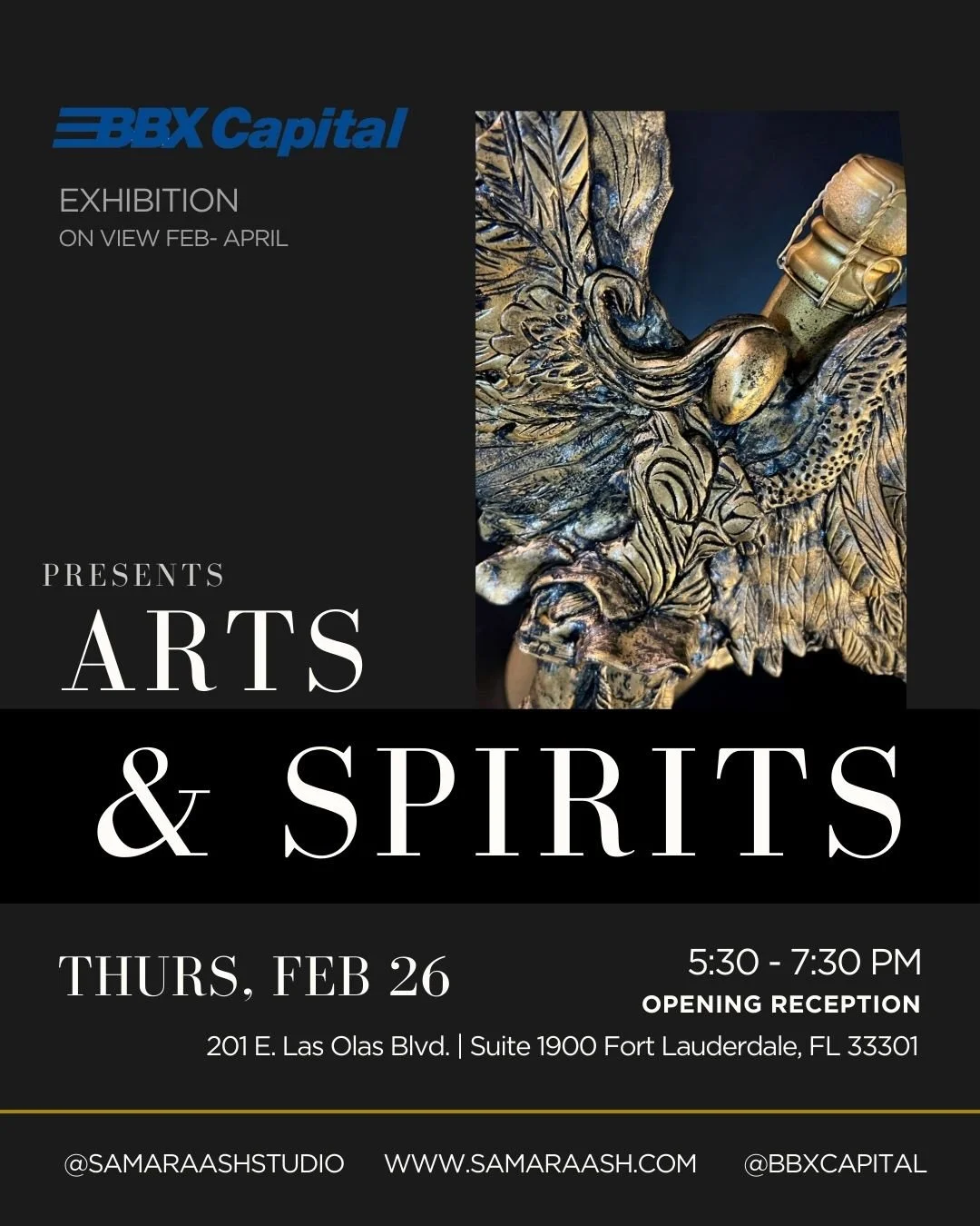 &ldquo;Exciting times ahead! Thrilled to invite you to a series of upcoming exhibits &amp; events featuring my work. Mark your calendars &amp; come experience the art!
	1.	&lsquo;Arts &amp; Spirits&rsquo; &ndash; curated by BFA Broward : Feb 26, 5:30