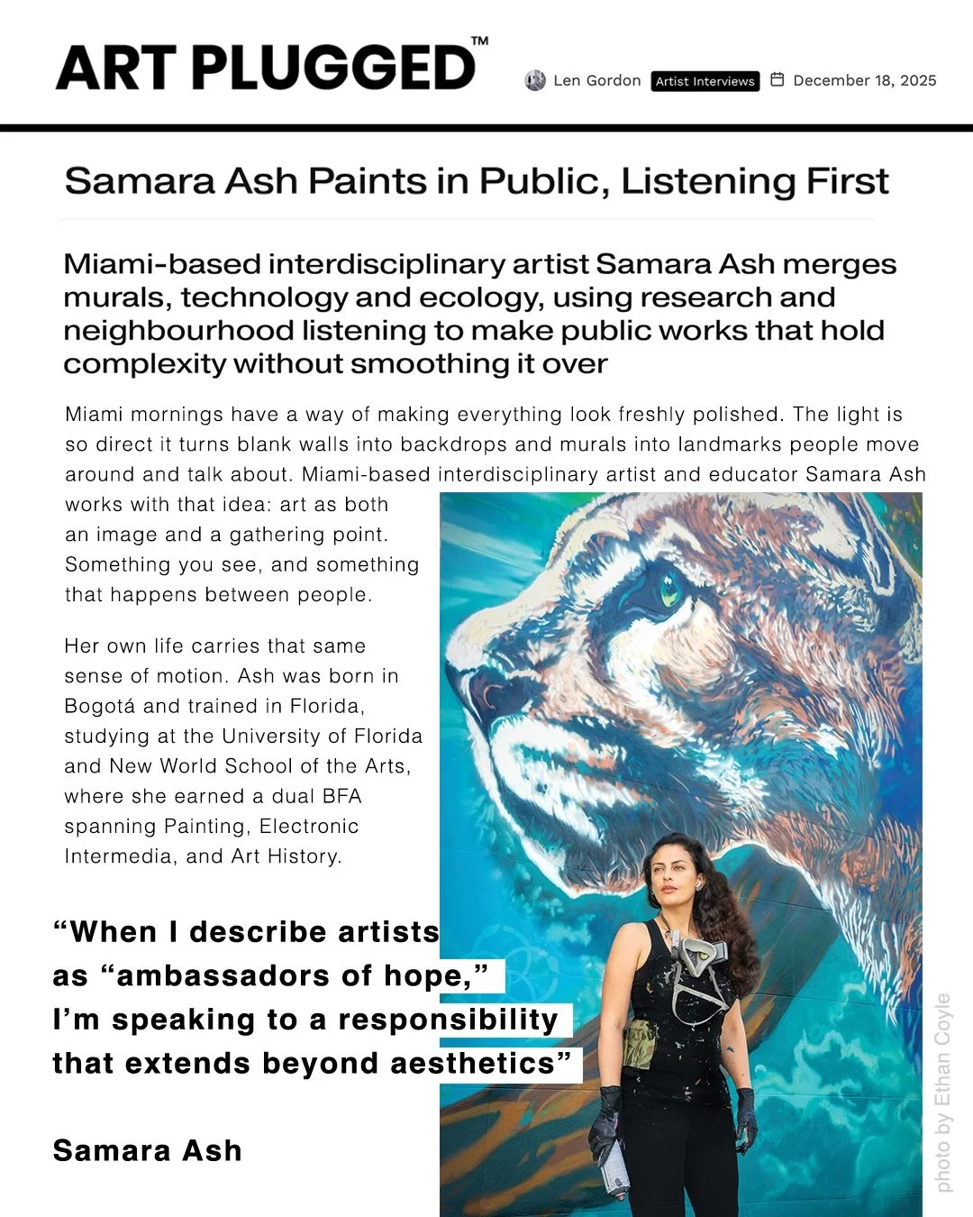 I&rsquo;m honored to share that I&rsquo;ve been featured in @artplugged , a publication I deeply respect within the contemporary art space&hellip; &ldquo;Samara Ash Paints in Public, Listening First&rdquo;

The article explores my public art practice