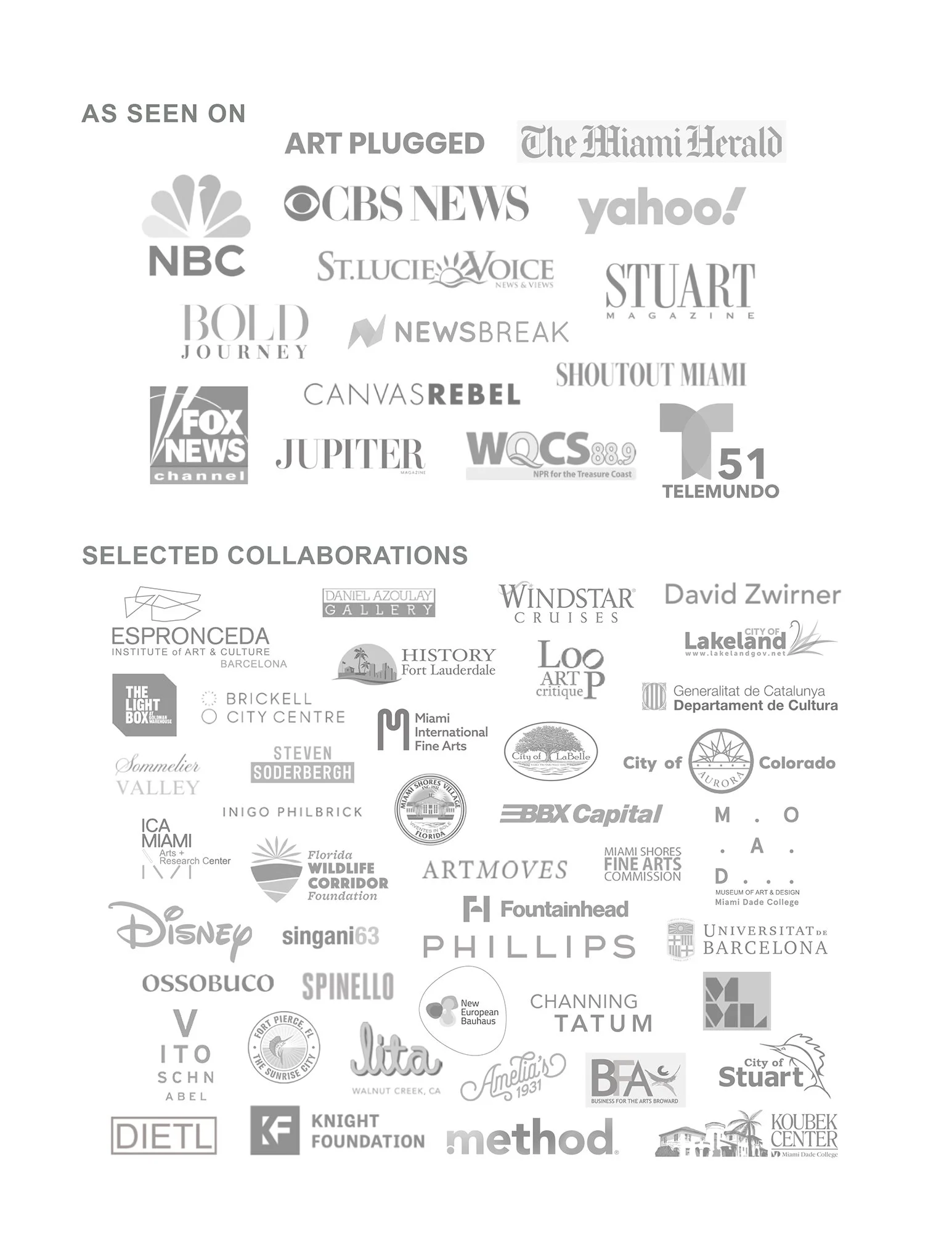 Selected collaborations and media features highlighting partnerships with civic institutions, cultural organizations, and press coverage of Samara Ash’s public art practice.