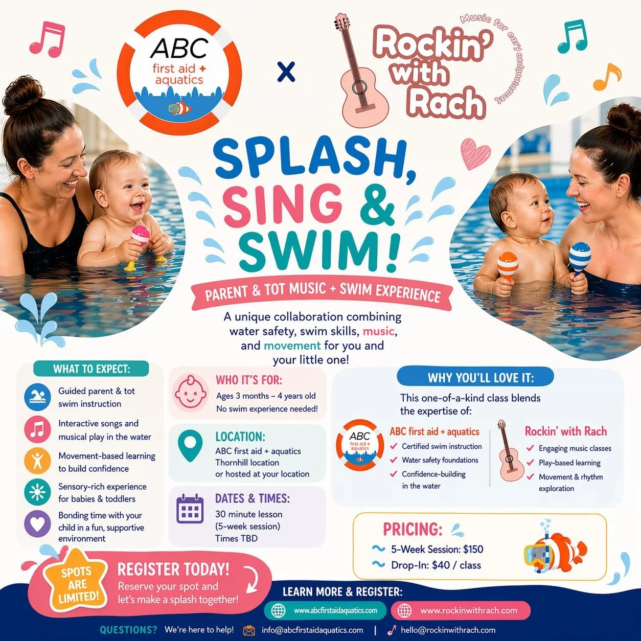 💦🎶 SPLASH, SING &amp; SWIM! 🎶💦

We&rsquo;re SO excited to launch this unique collaboration with @rocknwithrach 

A parent &amp; tot class that blends:
✨ Water safety + swim skills
✨ Music + movement
✨ Play, bonding &amp; confidence building

👶 A