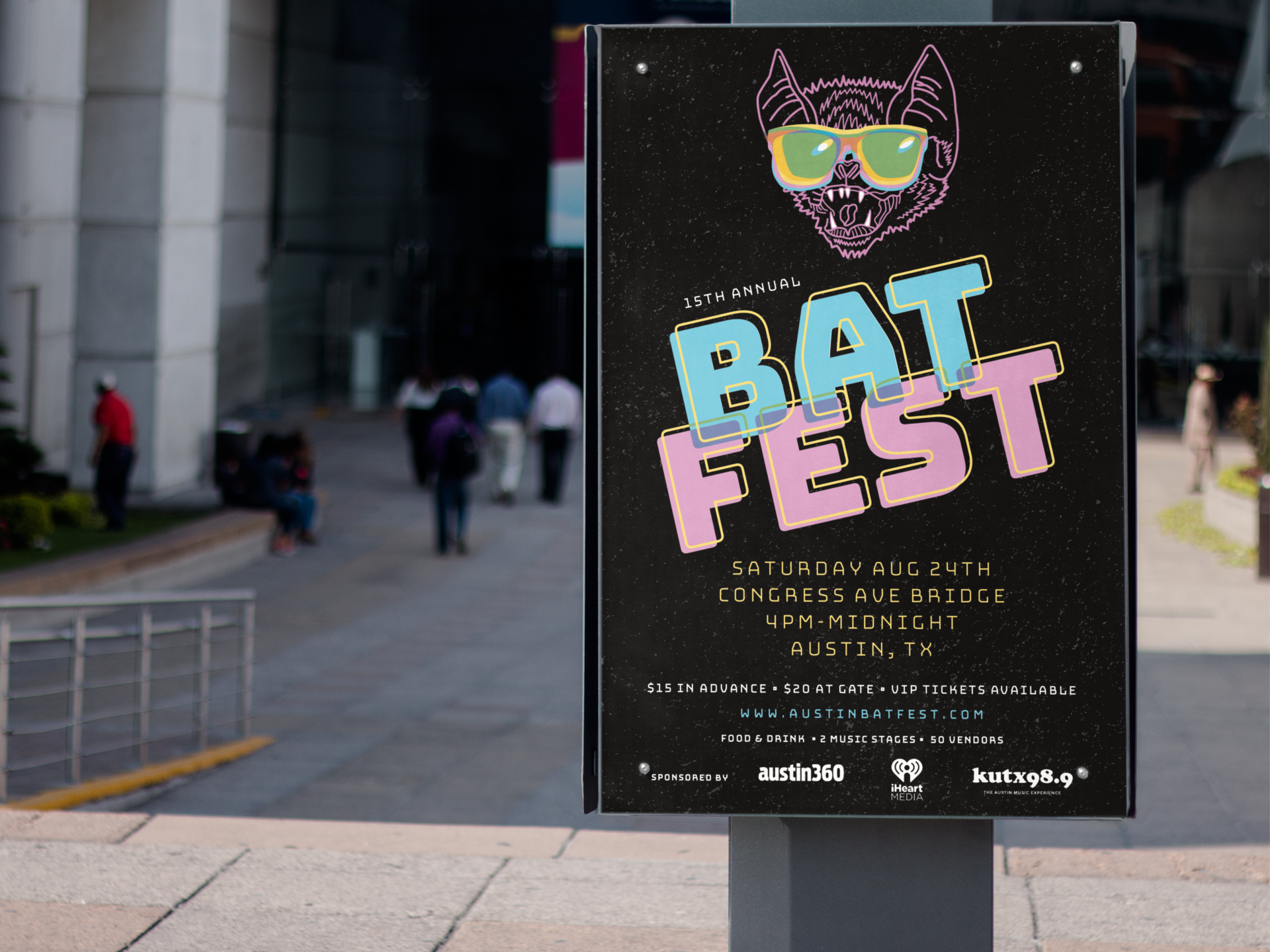 Bat Fest is a one day festival that takes place yearly in the heart of Austin, TX. It is a celebration of the Mexican free-tailed bat, which nightly departs in the thousands from the underside of the Congress Ave bridge to feast on insects. Bat Fest is an all ages event, so I created branding that is approachable and fun for both individuals and families.
