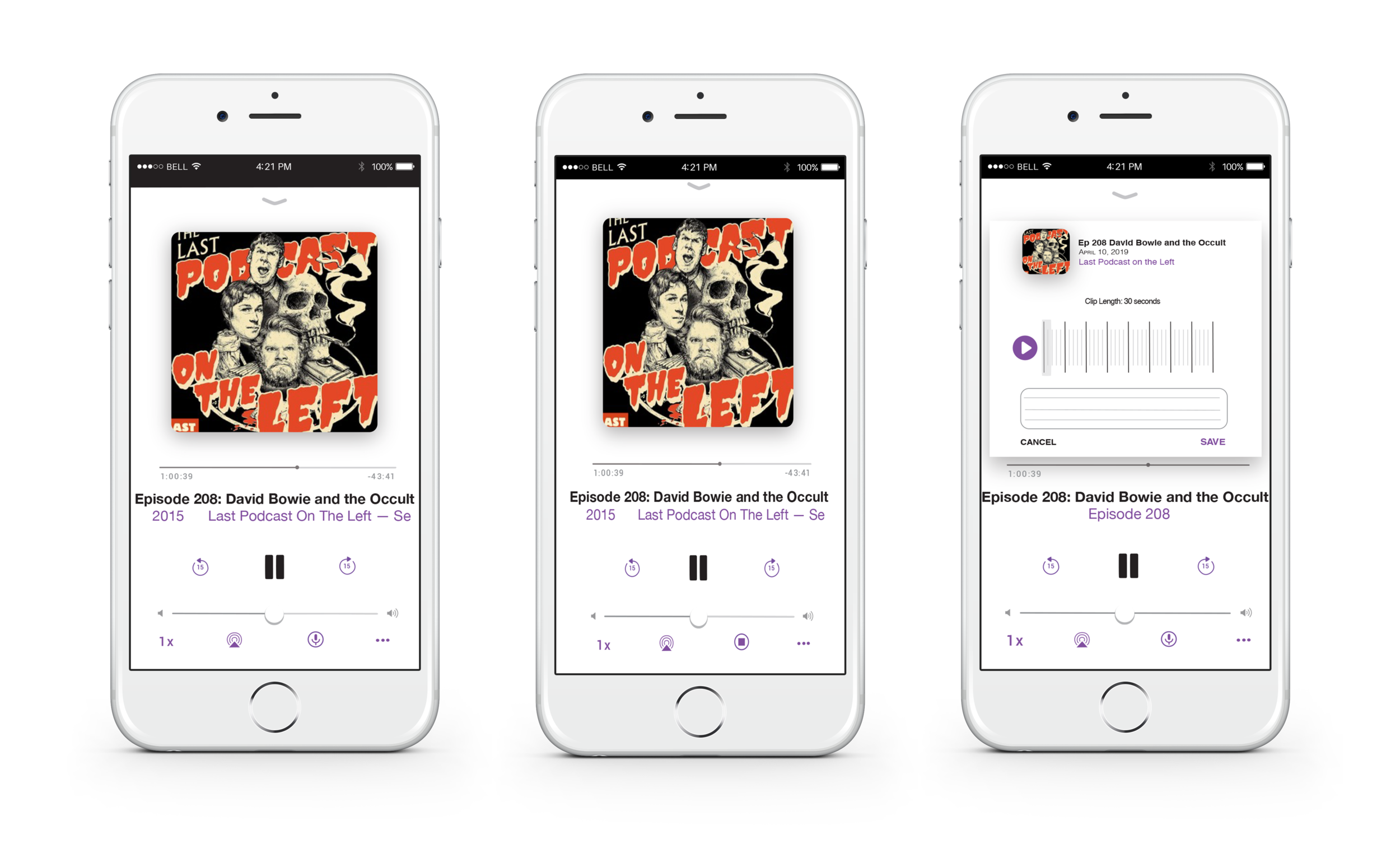 On the main screen, I’ve added a recording button. In my original design, when the user first selects this icon, there is a wizard to walk the user through how to record clips, but for simplicity’s sake, I’ve excluded that for the final results. Once tapped, the recording will not stop unless the user selects the button again or the max allotment of recording time is reached. (Three minutes). After either of those instances, the third screen appears. Here the user has the option to play back their selection and/or adjust it. The modal disappears once Cancel or Save is selected.