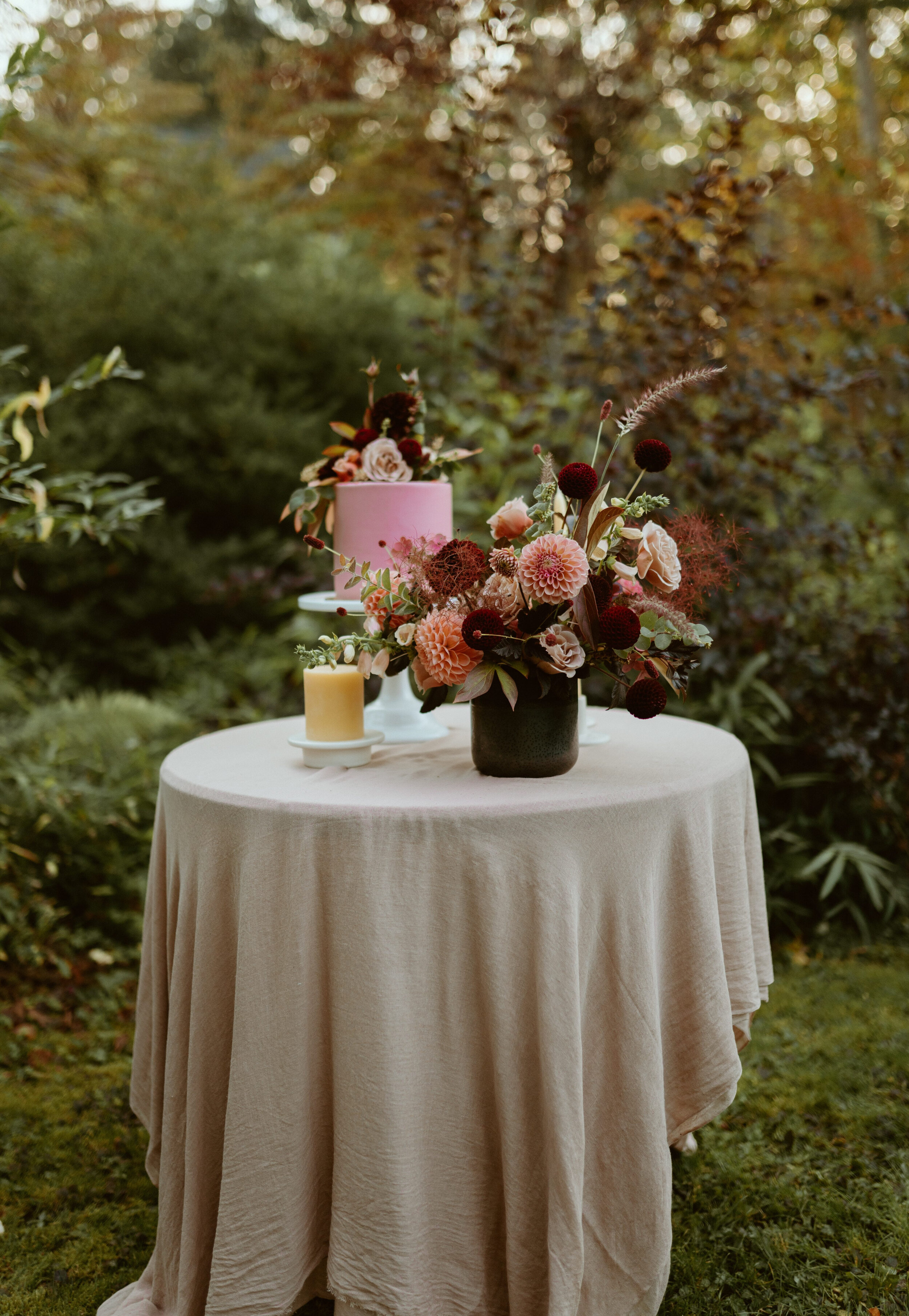 Elegant, Modern, Moody Color Tones for a centerpiece arrangment in a Bellingham Wedding