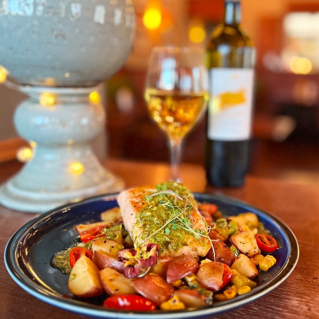 We are ramping up for warmer weather with this salmon special! 6oz salmon, roasted red potatoes, corn salsa with green peppers, cherry tomatoes, jalape&ntilde;o, green onions; with white wine ramp pesto sauce. 
Don&rsquo;t forget that we are open tom