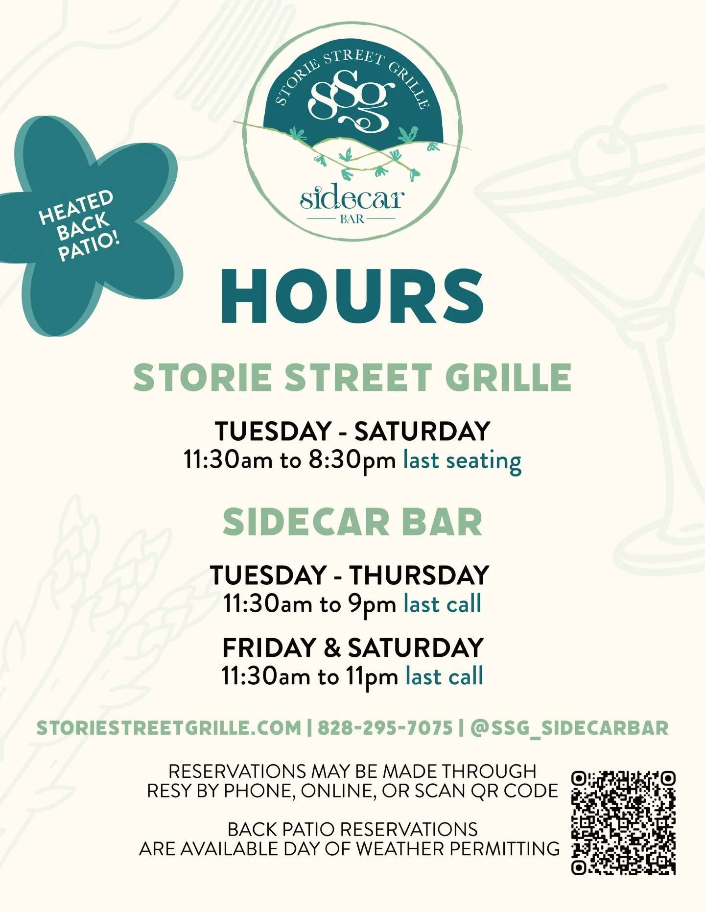 Starting this week we are closed Sunday &amp; Monday for some down time.  We will open back up on Sundays starting Mother&rsquo;s Day.  Time to enjoy the quieter months.