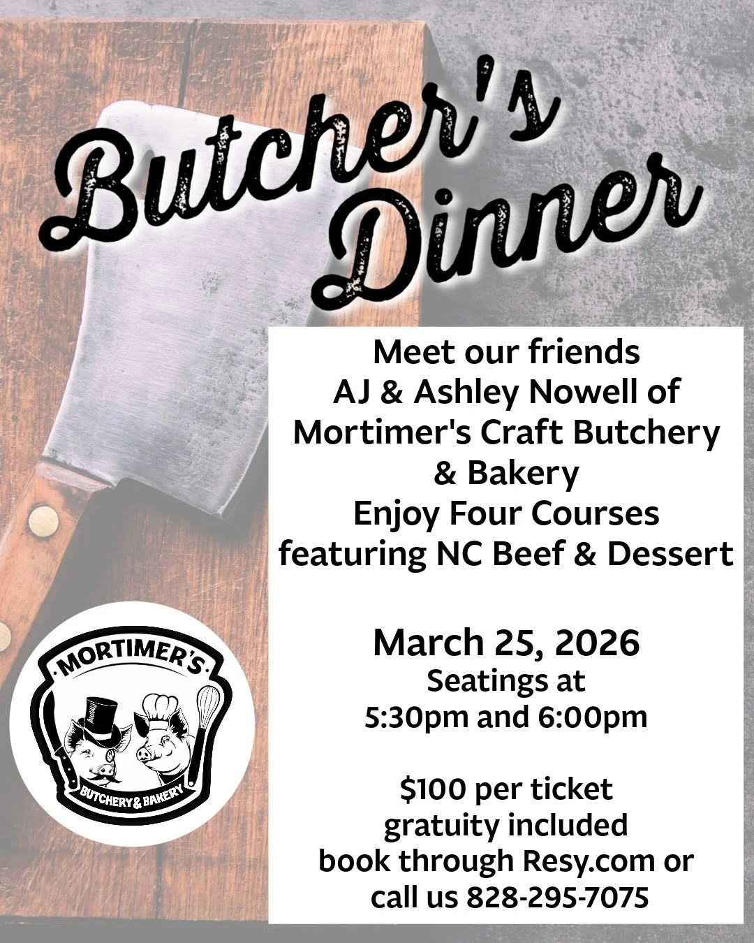 We are excited to announce our Butcher&rsquo;s Beef Dinner!  Join us on March 25th for 4 courses of NC Beef and Baked Goods brought to us by @mortimerscraftbutchery 
As they near closer to their opening date, we wanted to celebrate and showcase our f