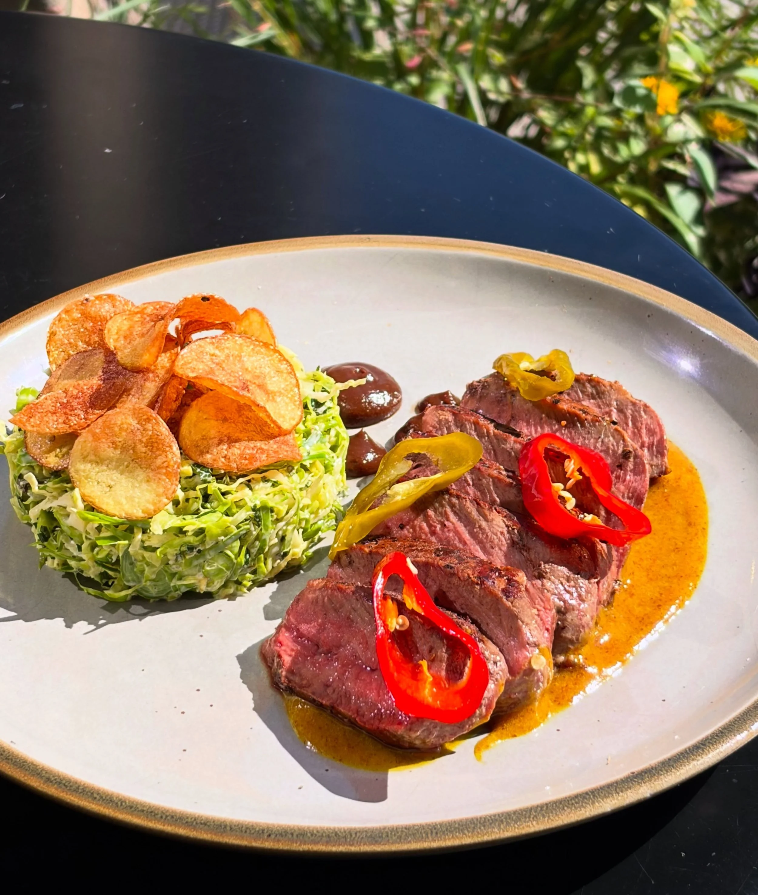 Leg of lamb, mint &amp; brussel slaw, candied fresno &amp; hatch chiles @hedgefamilyfarm, mini pub chips, lemon ginger glaze, black garlic &amp; fig puree&mdash;

Reservations are available for dinner and all day on Sundays. Soak in this beautiful we