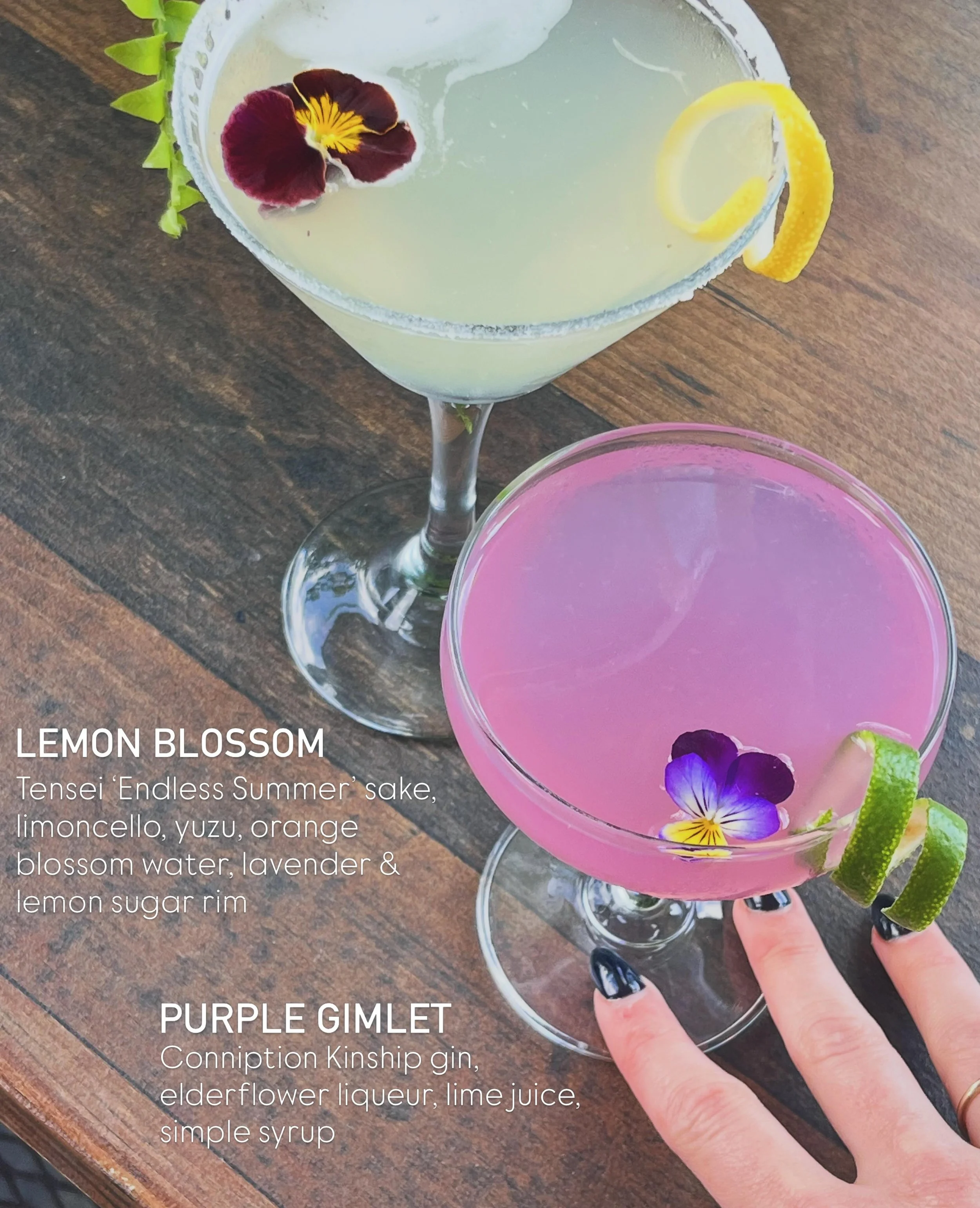 Signature cocktails are $2 off every Thursday! Relax with us and a cocktail of your choosing on our covered patio. Reservations are available for dinner and all day on Sundays. 

Edible flowers from @sunshinecovefarm ✨

#supportlocal #thirstythursday