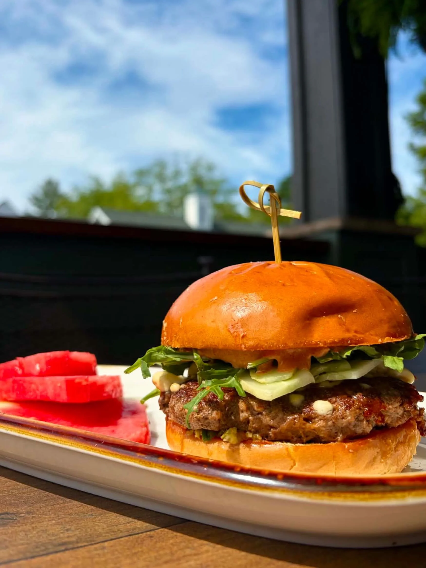 Kicking off Father&rsquo;s Day Weekend at lunch with Lamb Burgers! 
Olive tapenade, paprika aioli, cucumber, feta and arugula.  Reservations available for dinner and all day on Sunday. Crack a cold one with us and relax on the patio. It&rsquo;s offic