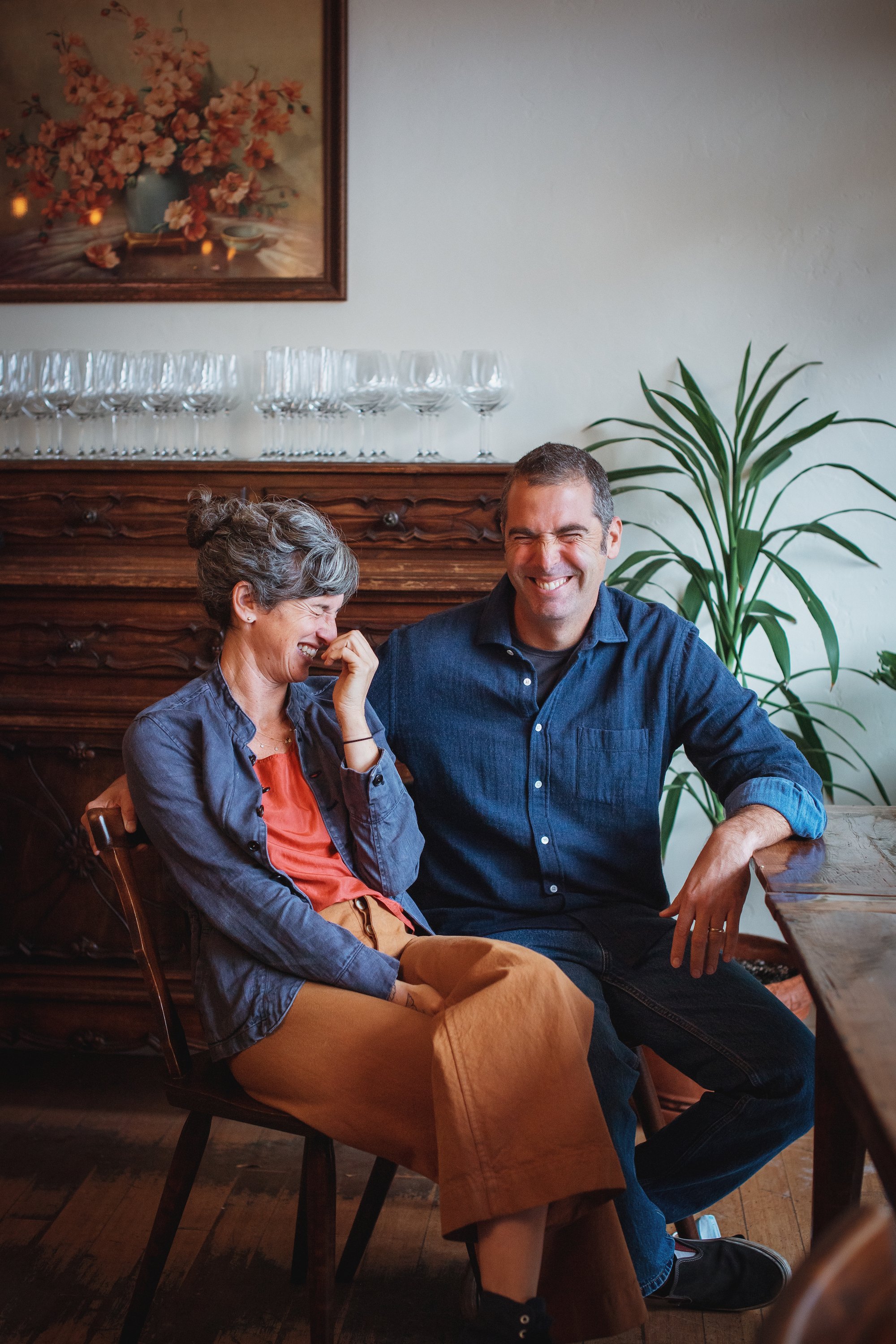 Rustic Canyon Family Co-Owners Zoe Nathan and Josh Loeb laughing
