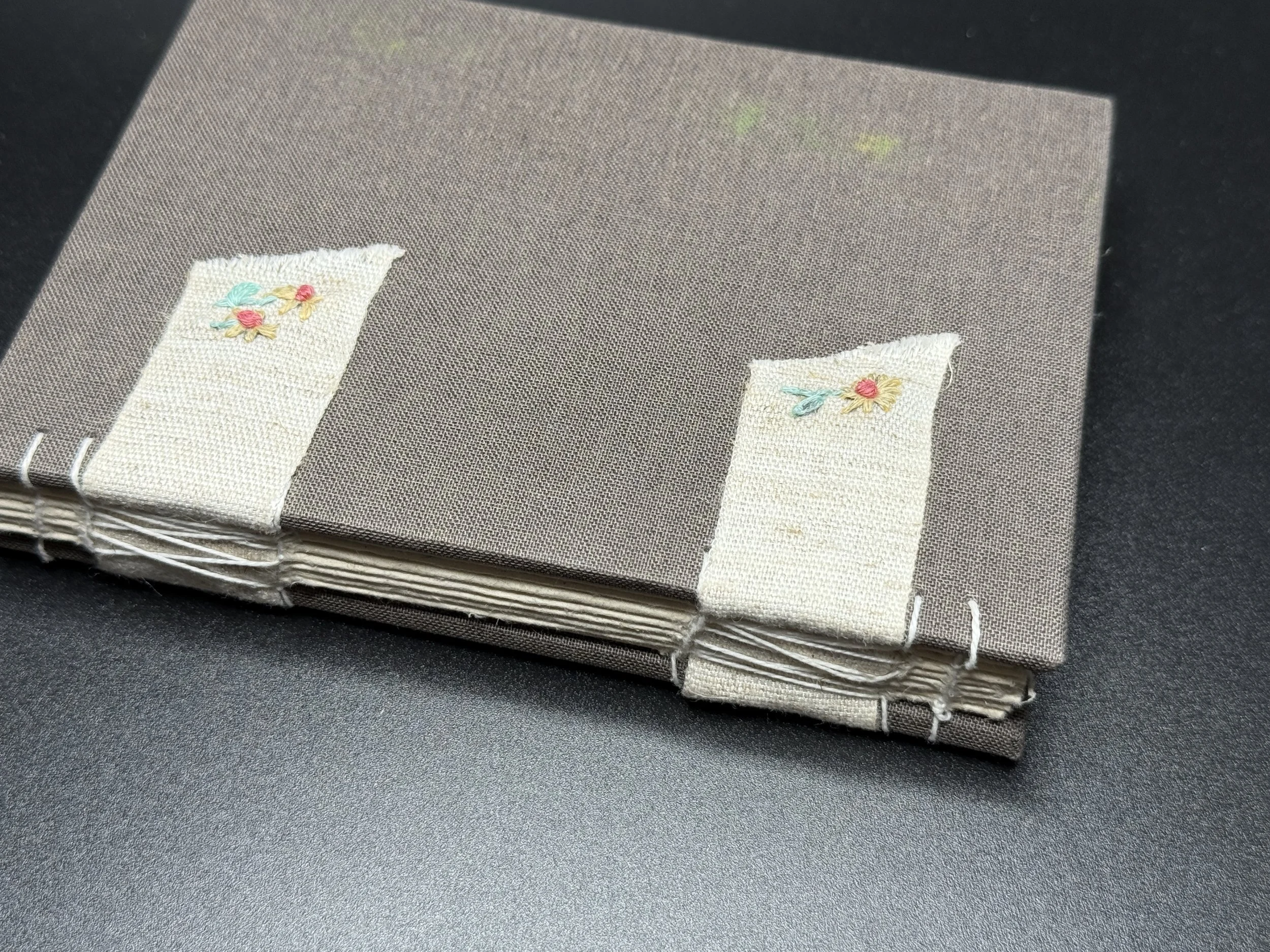 Brown Bookcloth with Embroidered Ribbons