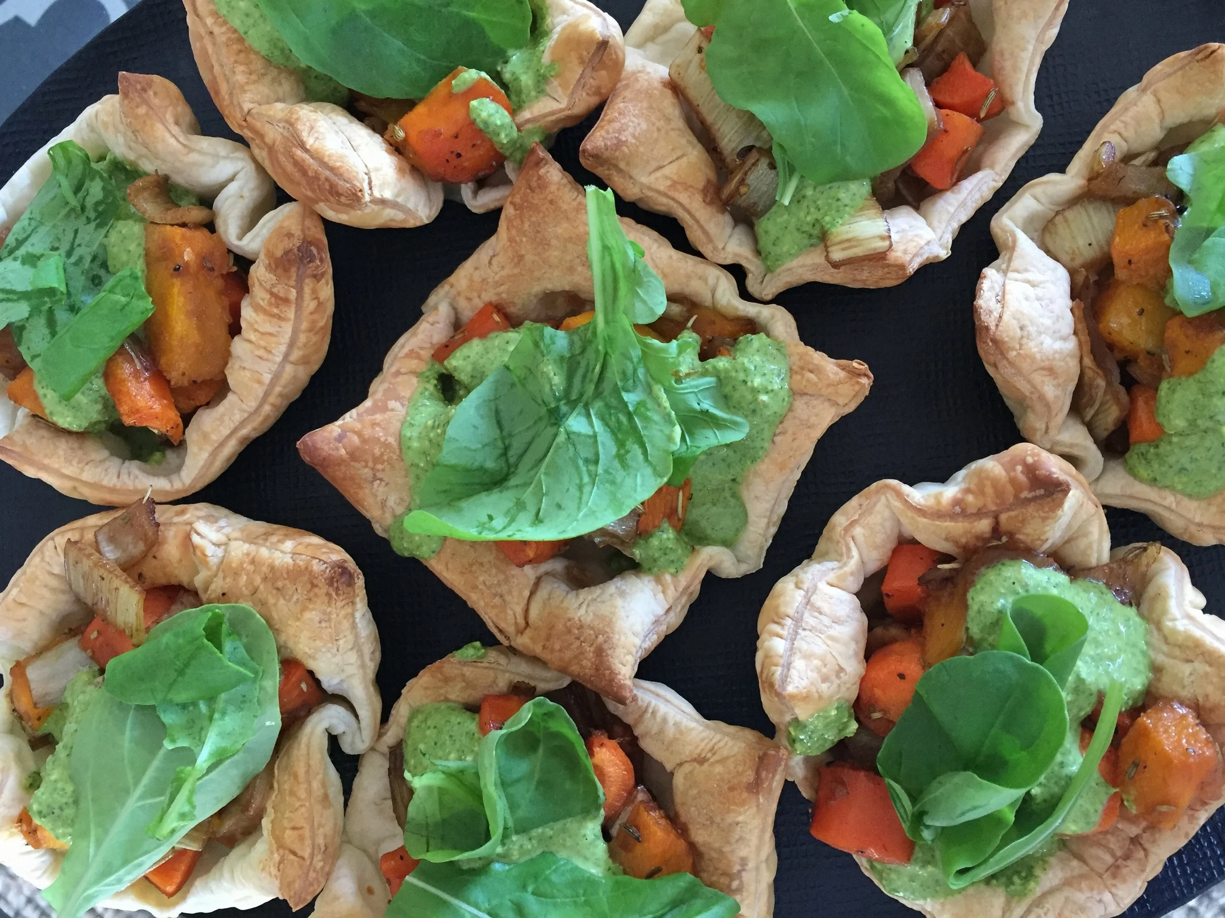 Filo, roasted pumpkin, sage (or rosemary) and fennel tartlets with cashew and rocket pesto