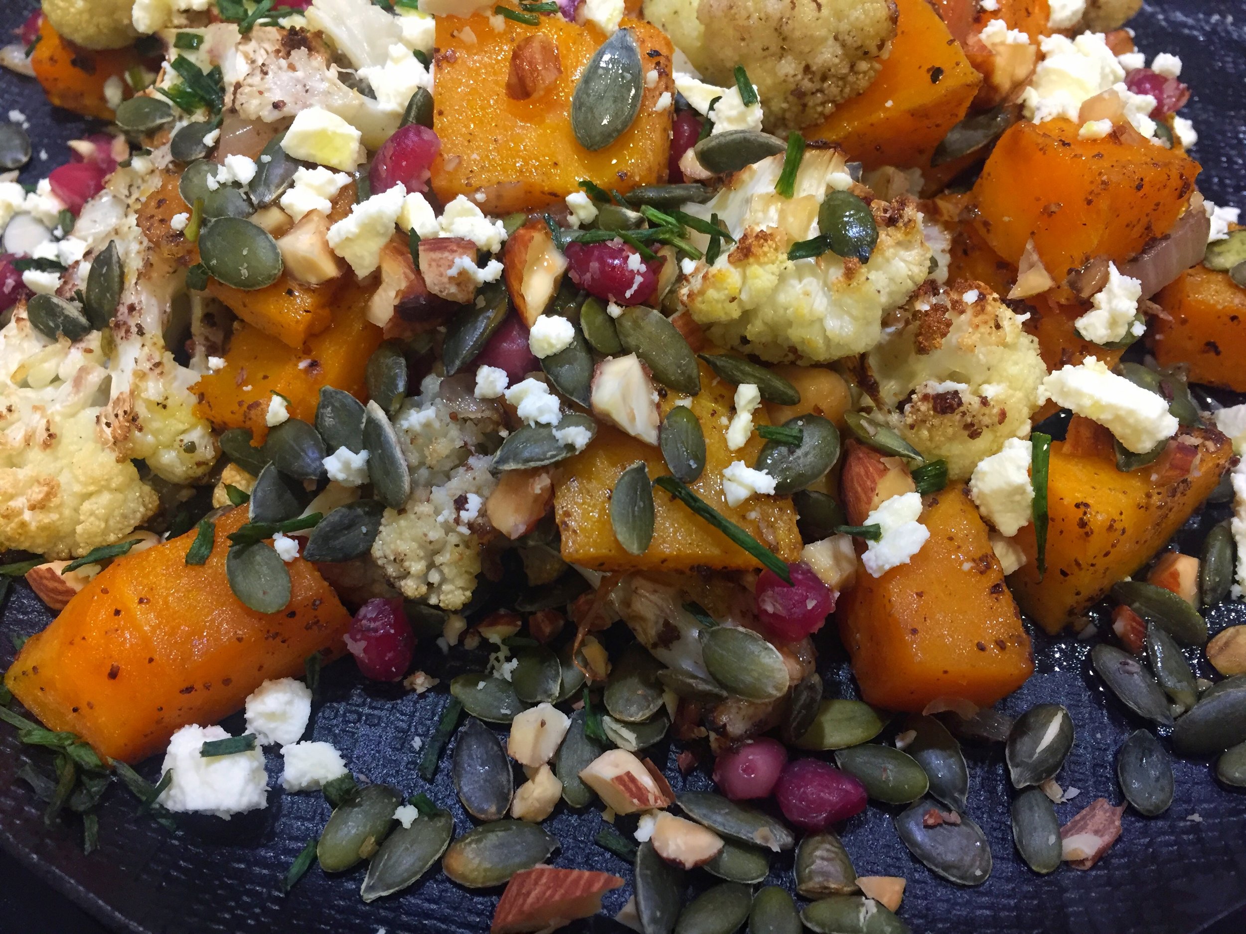 Spiced pumpkin, cauliflower and chickpea bake