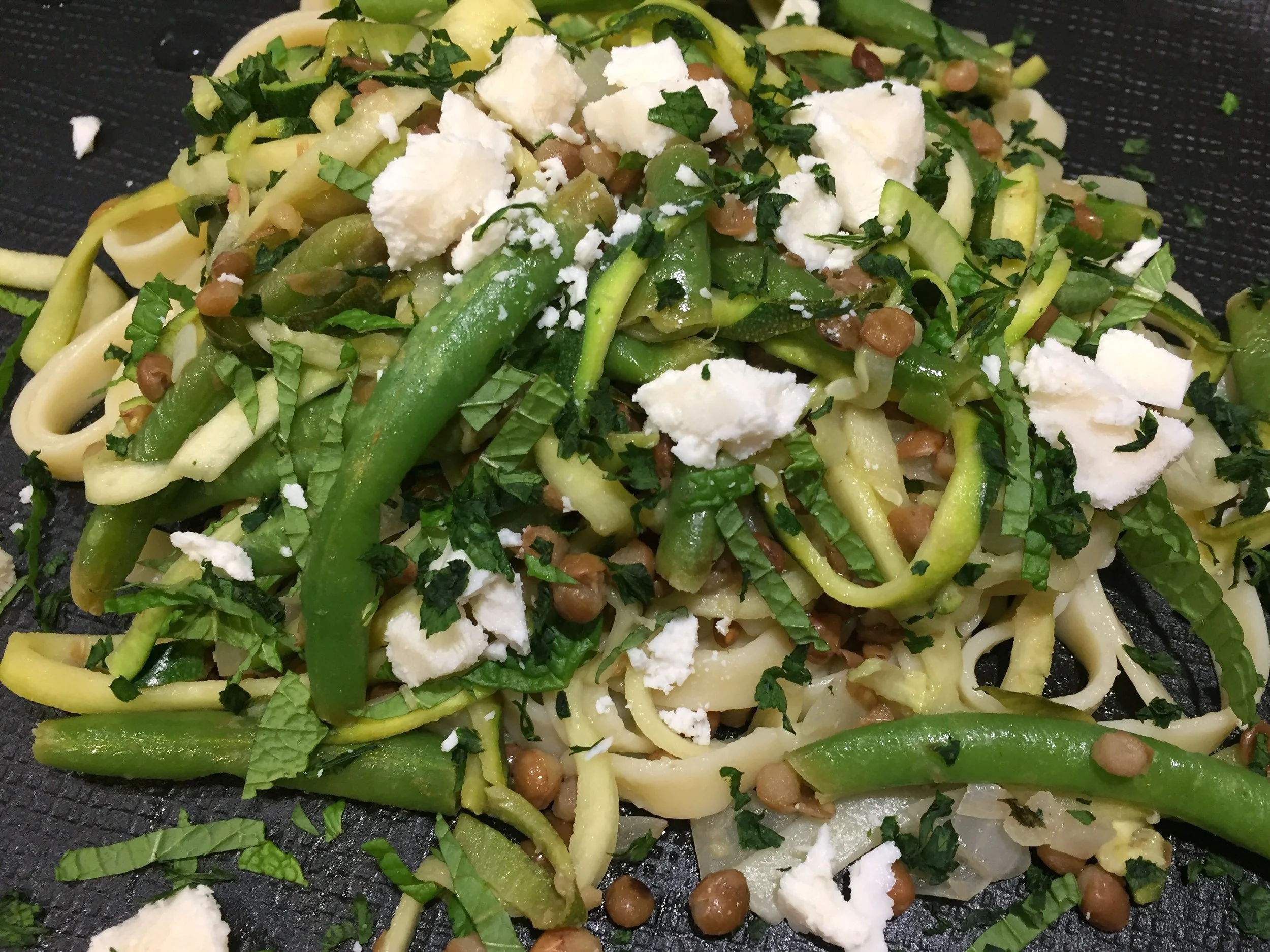 Courgette, lentil, feta and mint spaghetti (a.k.a vegie-poo)