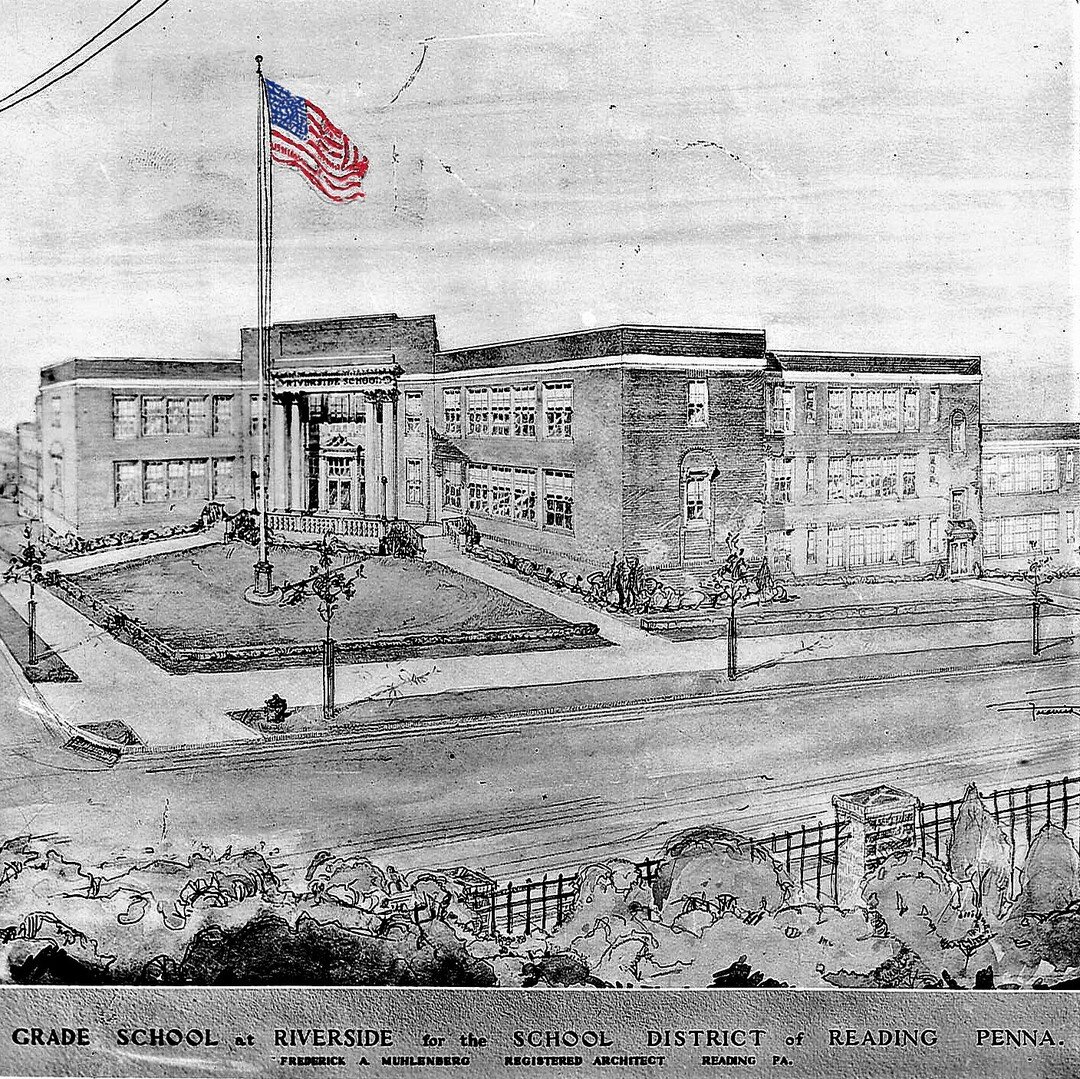 Happy Independence Day!
.
This is a hand-drawn rendering, by our firm founder Frederick A. Muhlenberg, of the new Riverside Elementary school, commissioned in 1923. 
.
Mr. Muhlenberg was a talented artist and architect who often placed Old Glory in h