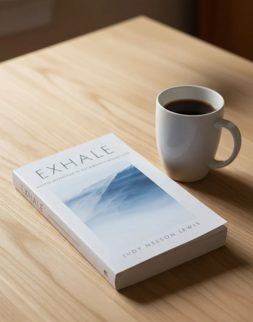 A white book titled 'EXHALE' by Judy Nelson Lewis lying on a light wooden table alongside a white mug filled with black coffee.
