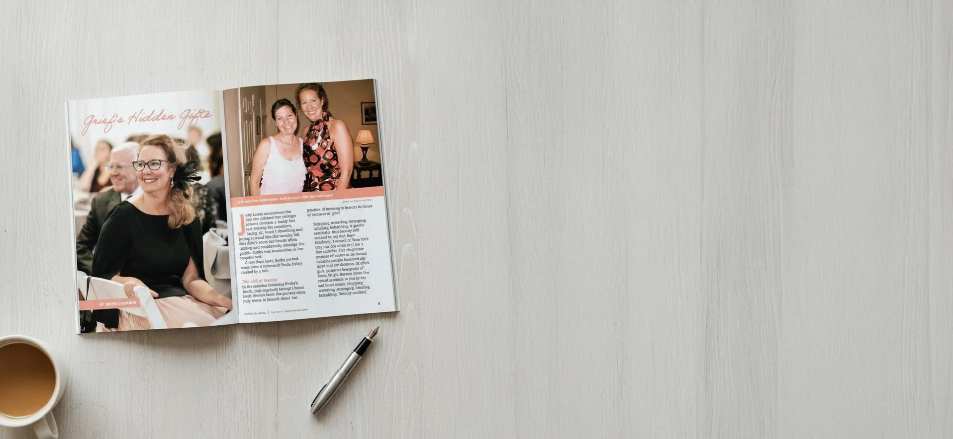 Open magazine on a white table with a cup of coffee, a pen, and an article about a social gathering or celebration.