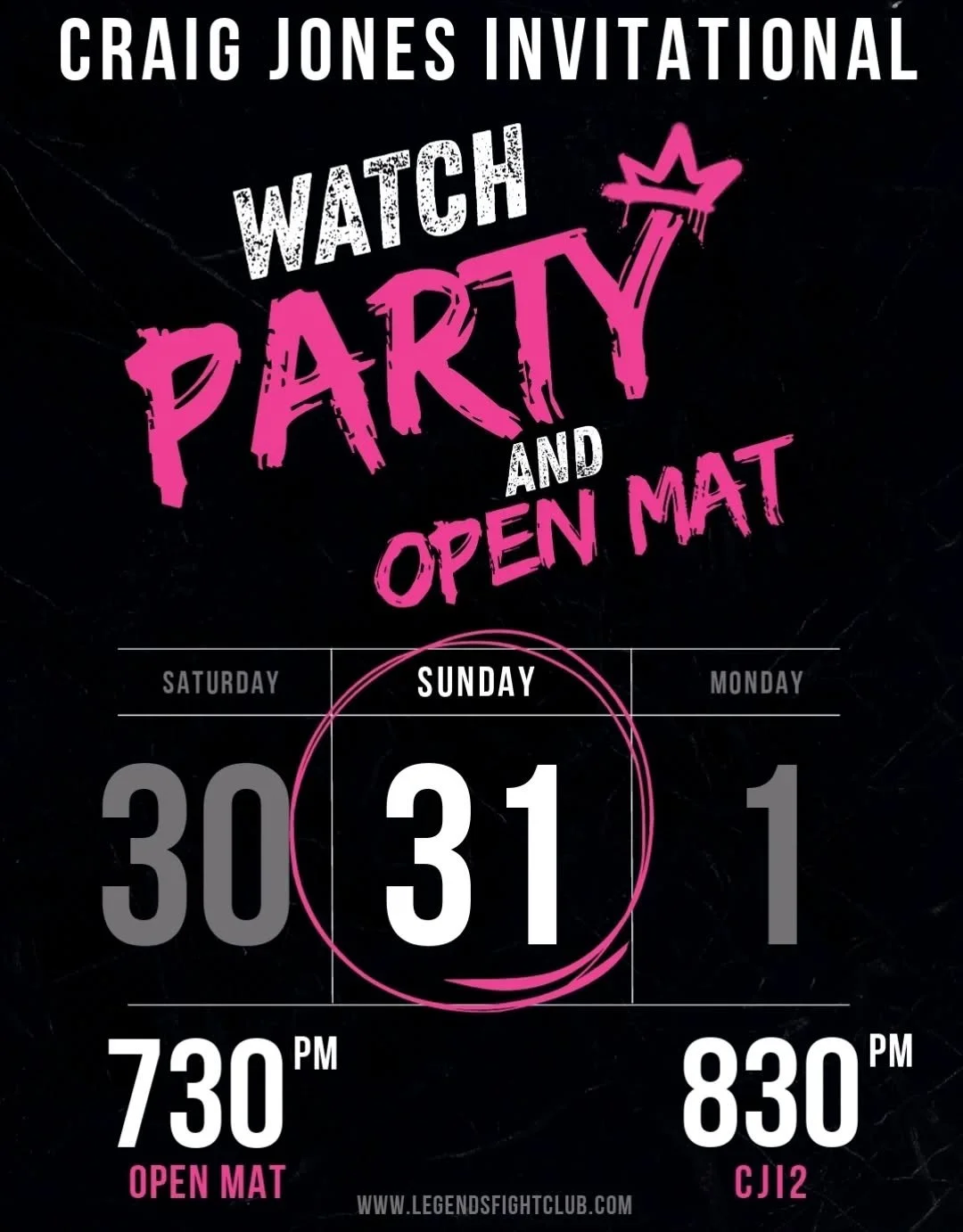 Open Mat + Watch Party 

📅 Sunday, Aug 31
⏰ 7:30 PM Open Mat
⏰ 8:30 PM Craig Jones Invitational Watch Party
&bull;
Free &bull; All Ages &bull; BYOB/Snacks
&bull;
Train. Chill. Watch world-class grappling with the crew 🏴&zwj;☠️

#LegendsFightClub #C