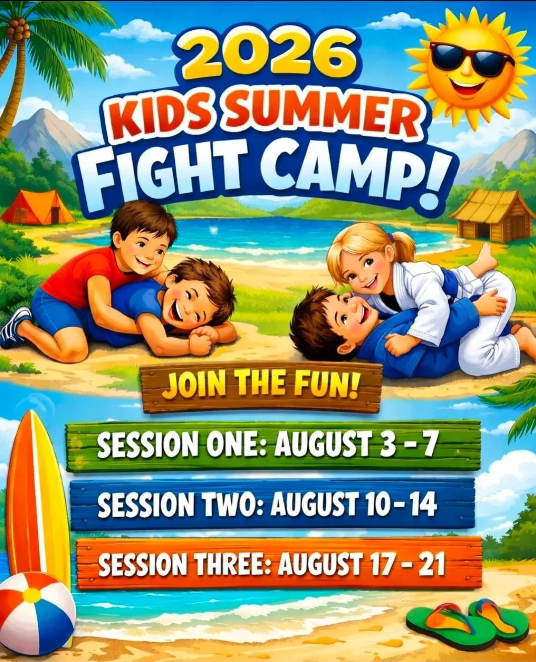 Our Kids Summer Fight Camp is BACK!!

Sessions will run 6 hours each day over the course of 5 days with a strong focus on Brazilian Jiu Jitsu, Kickboxing, Wrestling, Grappling, Mixed Martial Arts, Strength &amp; Conditioning and of course - Summertim