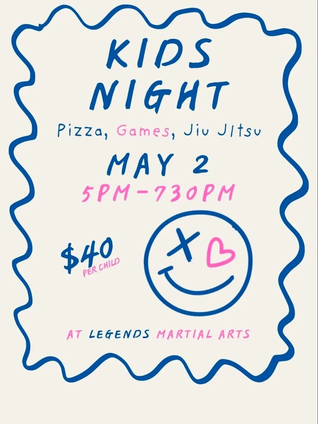 Kids Night is BACK!!

&bull; Date: Saturday May 2
&bull; Time: 5:00&ndash;7:30 PM
&bull; Cost: $40 per child

#Legends #MartialArts #Westchester #NewYork #WestchesterNY