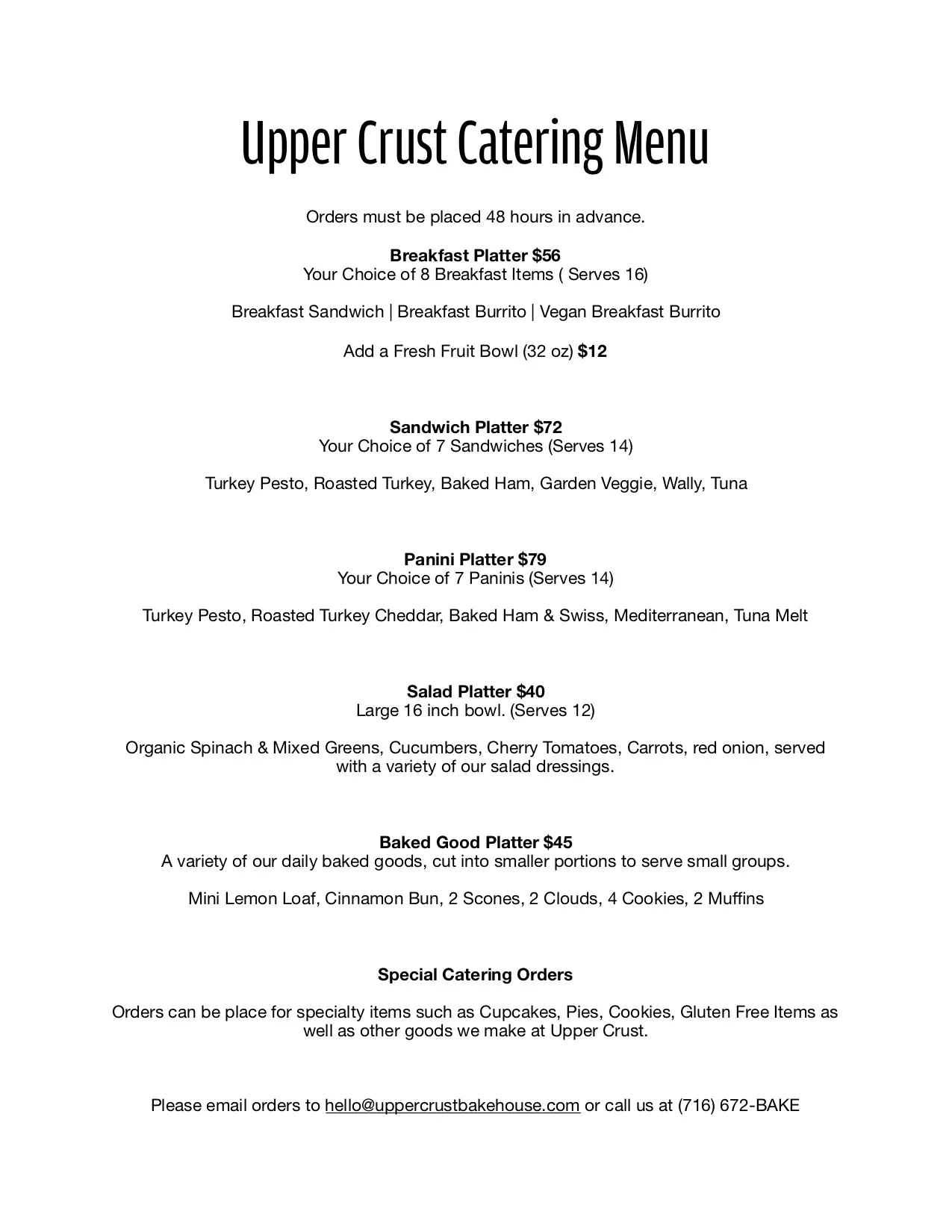 Fredonia Catering Menu Upper Crust Bakery