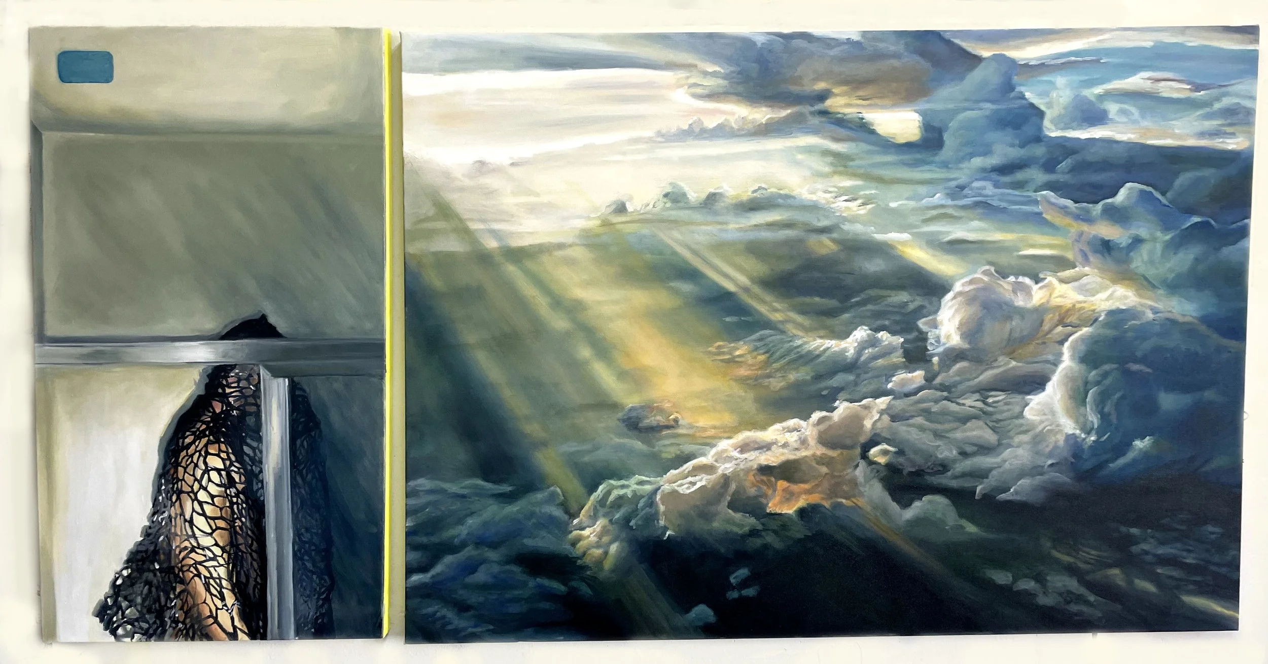  “Caveats (Green skies)” 2022, diptych oil on canvas 