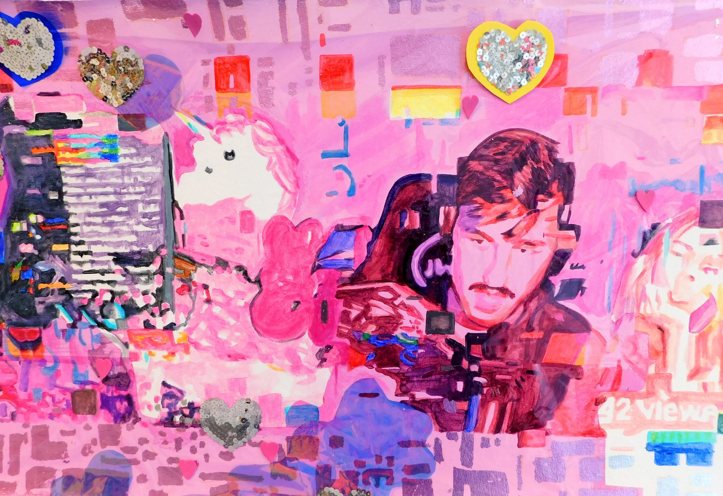  Detail,  Jennifer , 2021 17” x 60” Acrylic, cellophane, sequins and foam on canvas 