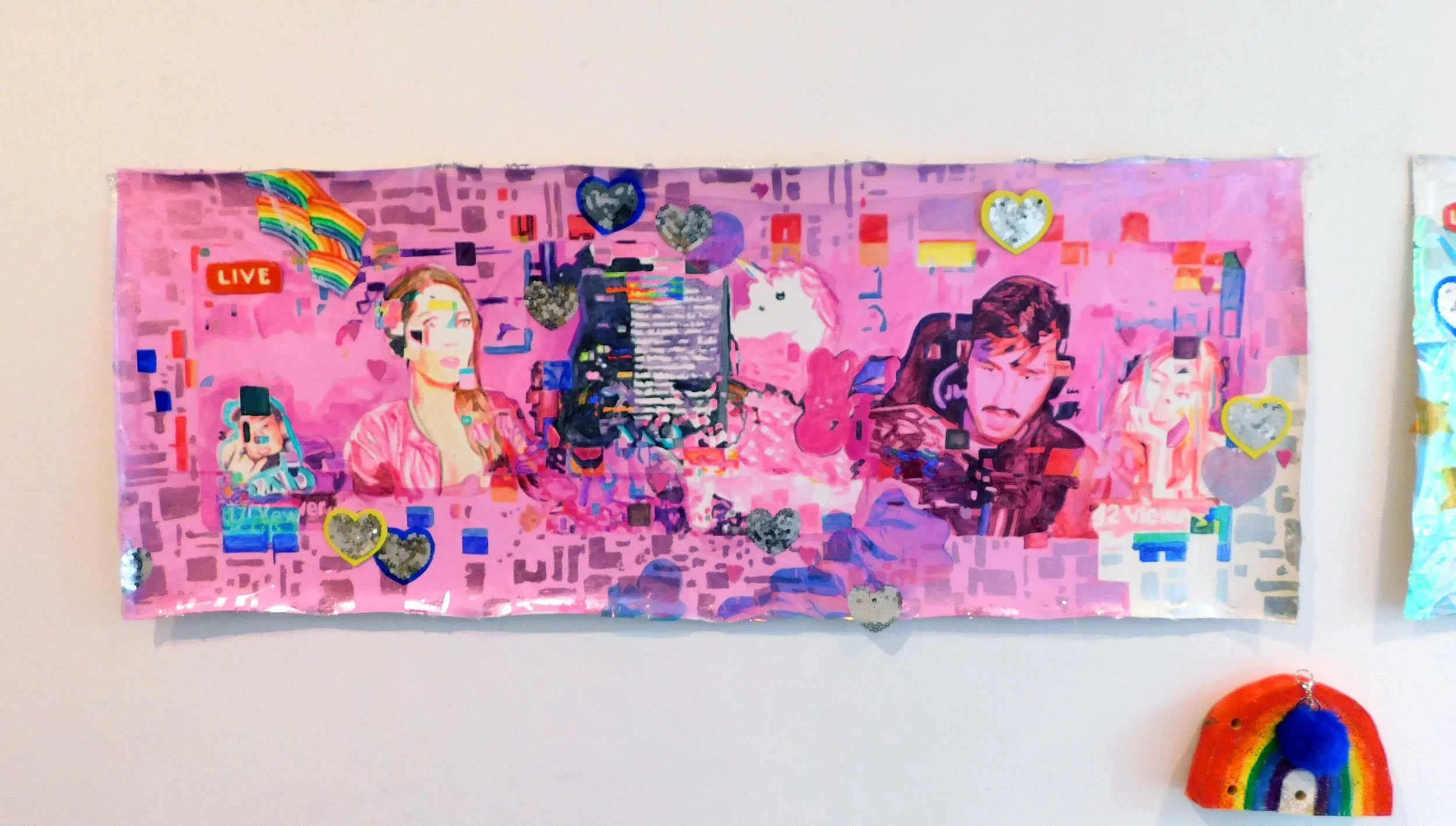   Jennifer , 2021 17”x 60”, Acrylic, cellophane, sequins and foam on canvas 