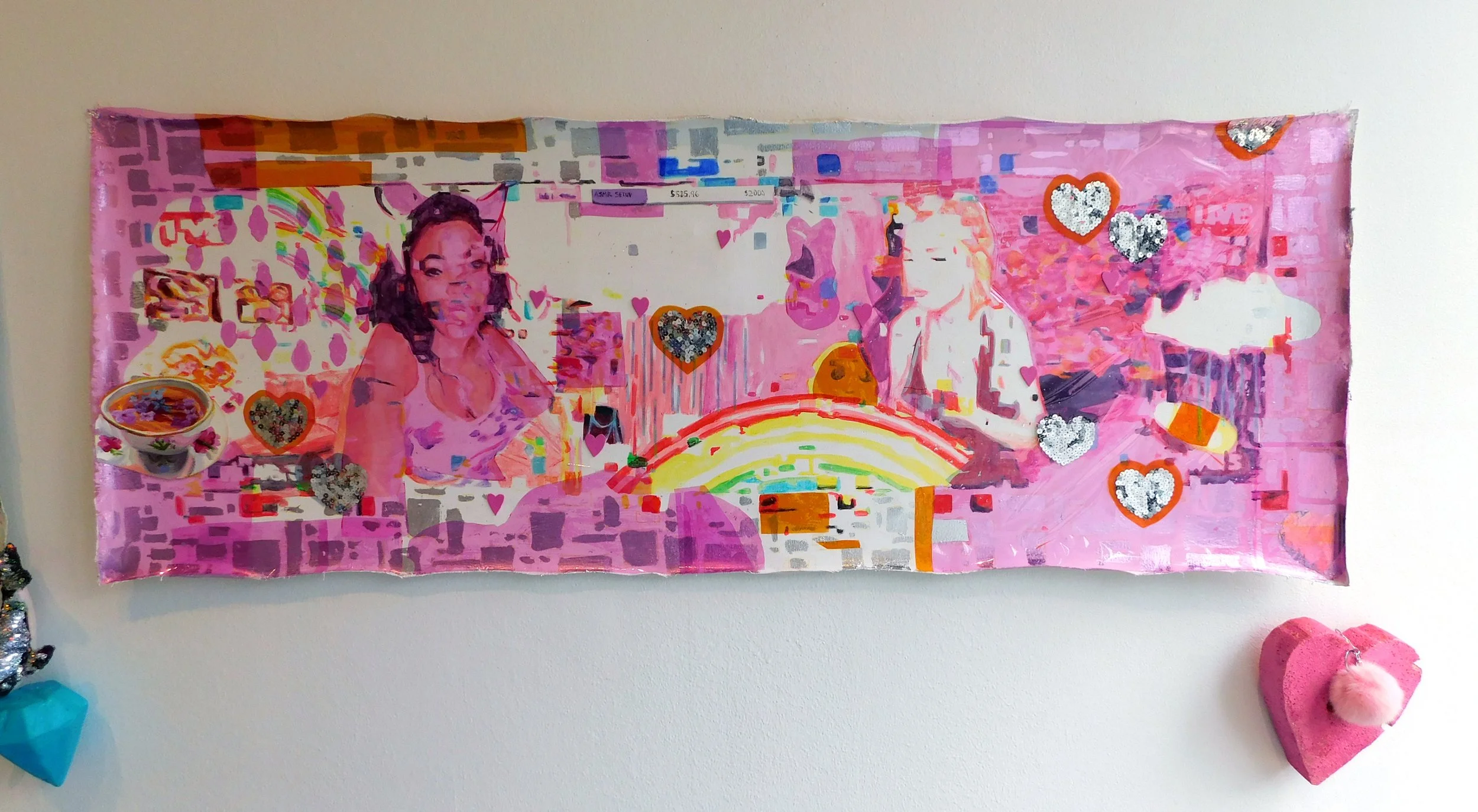   Candy , 2021,  17” x 60”,Acrylic, cellophane, sequins and foam on canvas 