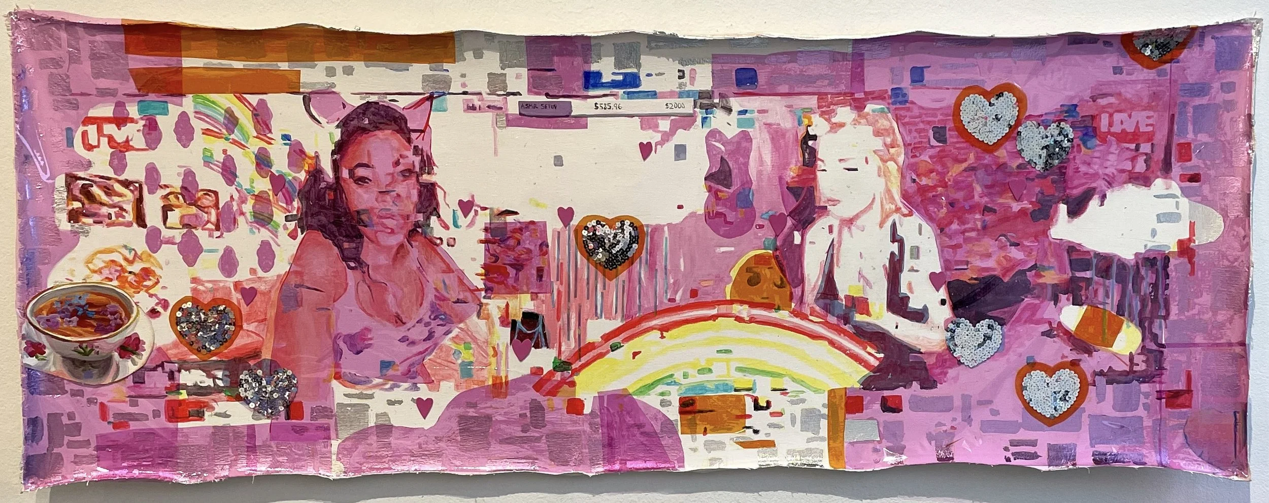  Detail  Candy , 2021, 17” x60”, Acrylic, cellophane, sequins and foam on canvas 