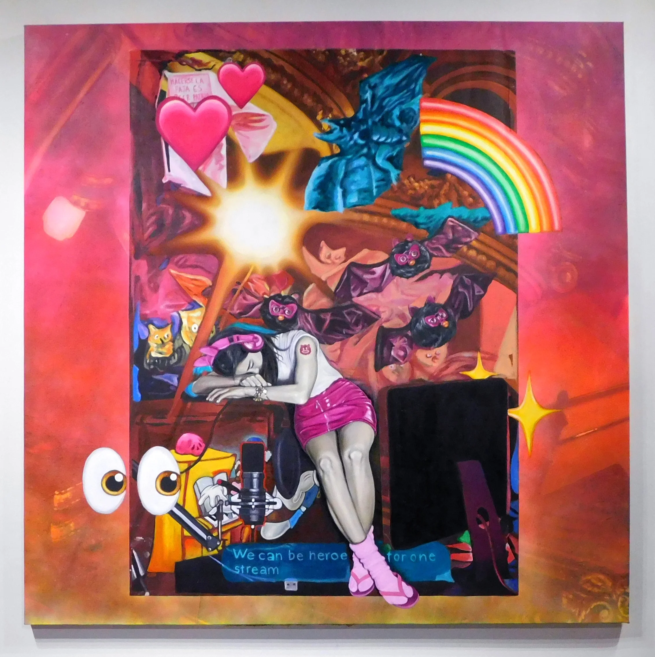 Large colorful figurative painting of a woman with emojis