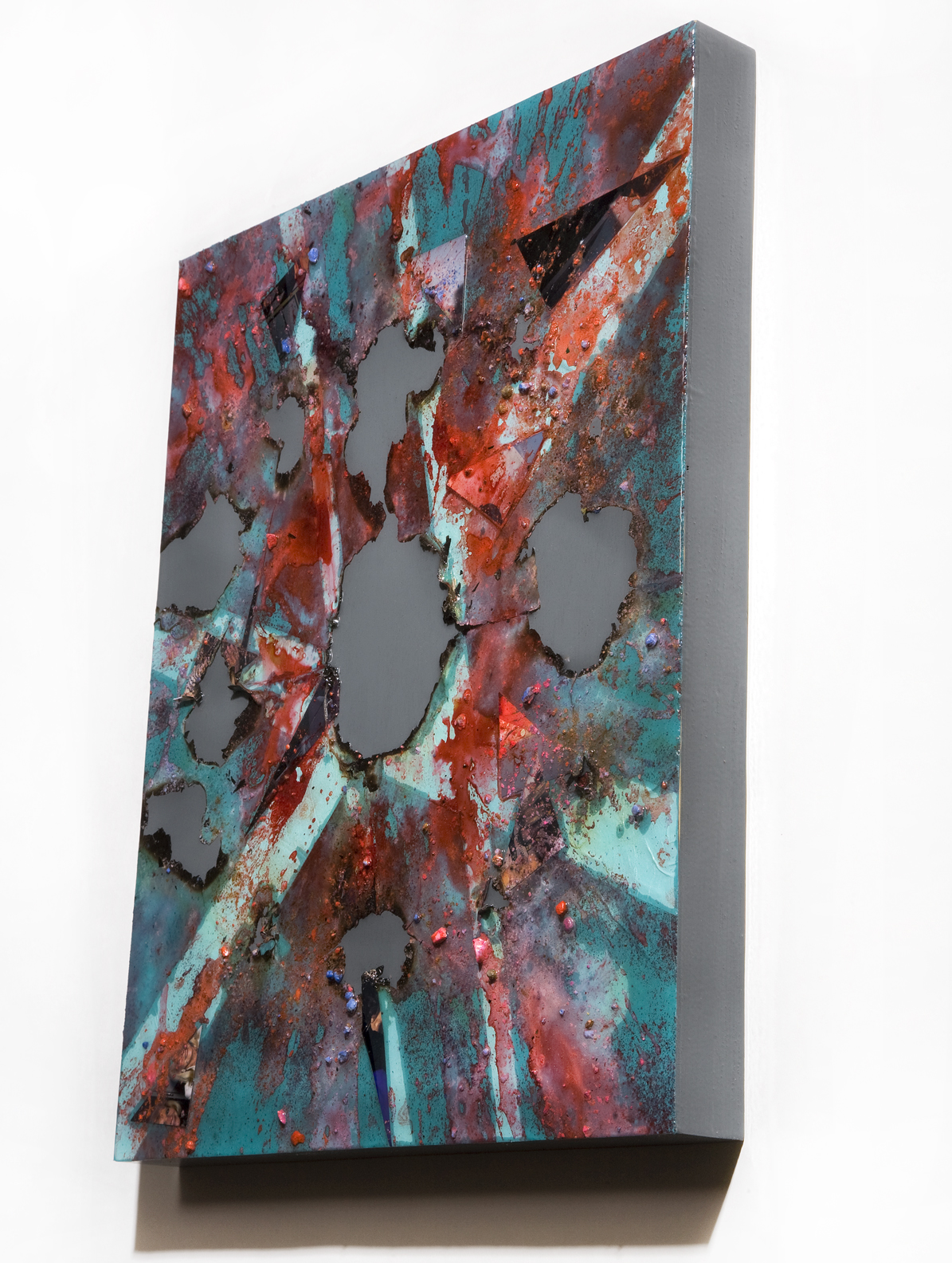 SERIE I, Untitled SIDE VIEW (teal/grey), photographs, photo background paper, chalk, spray paint, packing tape, powder drink, glue, epoxy resin on wood panel, 16"x20"x2", 2019