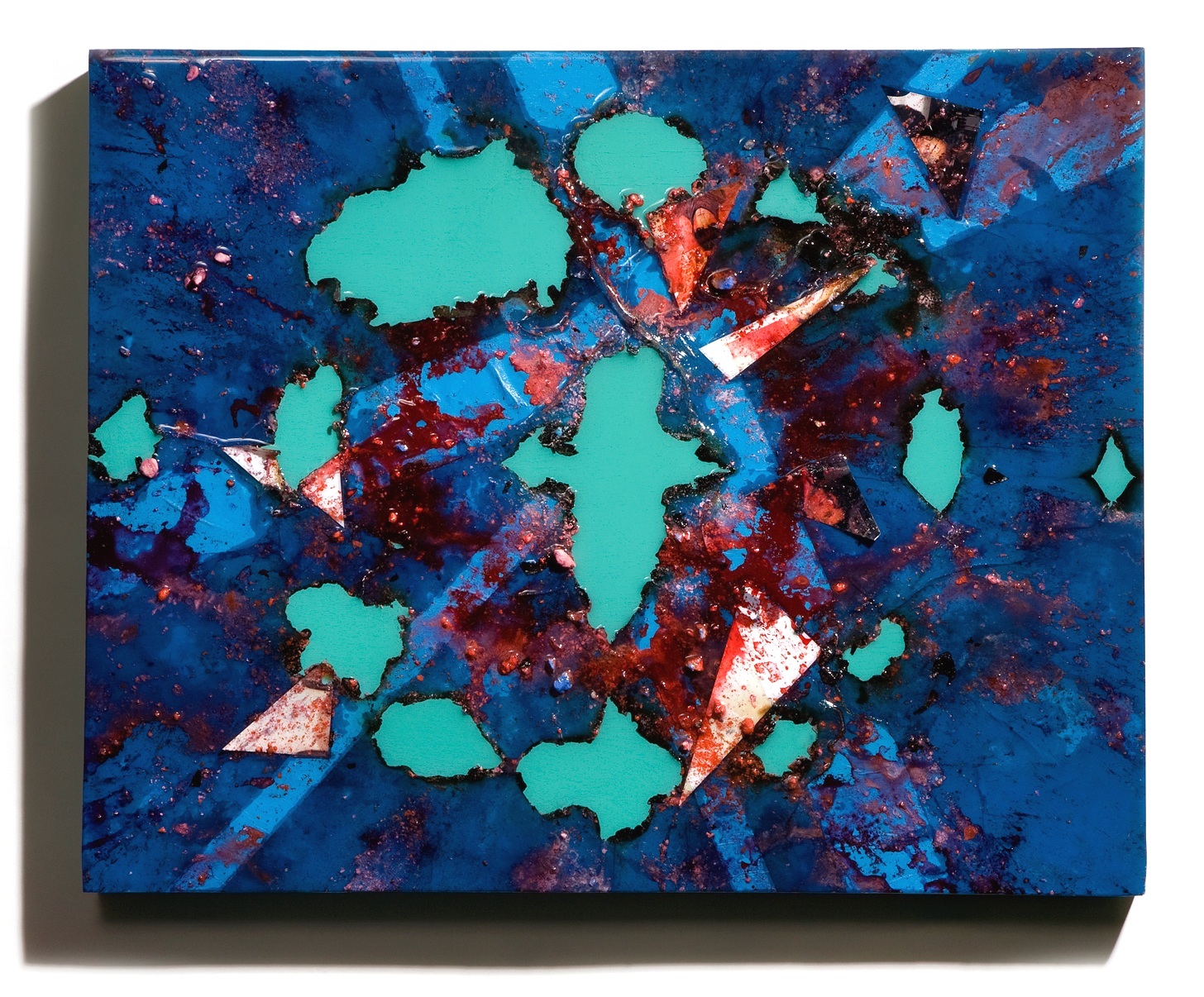 SERIE I, Untitled (blue/malachite), photographs, photo background paper, chalk, spray paint, packing tape, powder drink, glue, epoxy resin on wood panel, 16"x20"x2", 2019