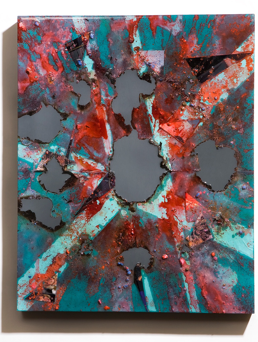 SERIE I, Untitled (teal/grey), photographs, photo background paper, chalk, spray paint, packing tape, powder drink, glue, epoxy resin on wood panel, 16"x20"x2", 2019