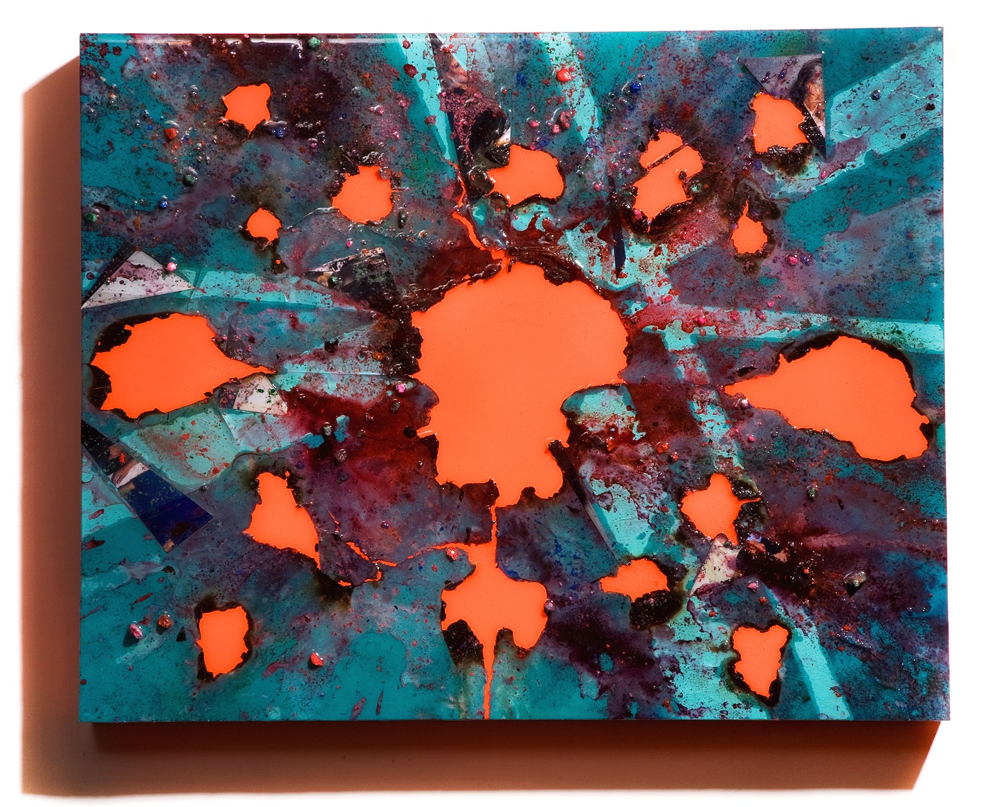 SERIE I, Untitled (teal/day-glo orange), photographs, photo background paper, chalk, spray paint, packing tape, powder drink, glue, epoxy resin on wood panel, 16"x20"x2", 2018
