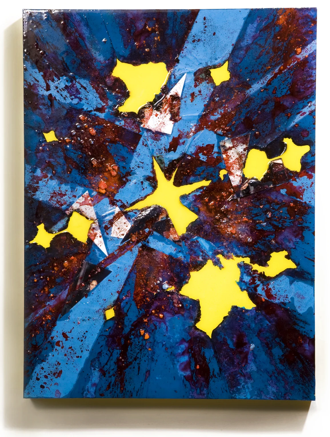 SERIE I, Untitled (blue/yellow), photographs, photo background paper, chalk, spray paint, packing tape, powder drink, glue, epoxy resin on wood panel, 16"x20"x2", 2019