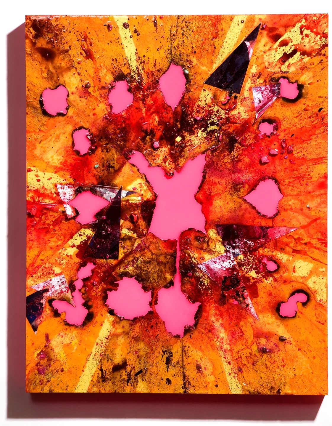 SERIE I, Untitled (yellow/day-glo pink), photographs, photo background paper, chalk, spray paint, packing tape, powder drink, glue, epoxy resin on wood panel, 16"x20"x2", 2019