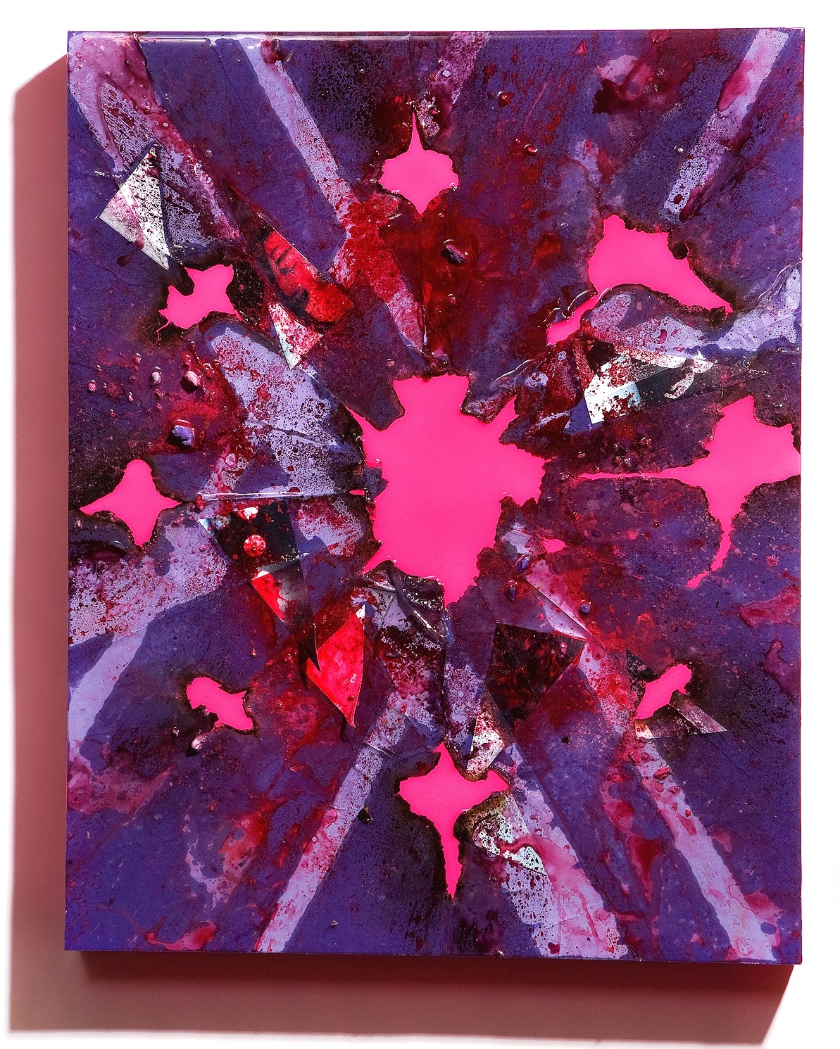 SERIE I, Untitled (violet/day-glo pink), photographs, photo background paper, chalk, spray paint, packing tape, powder drink, glue, epoxy resin on wood panel, 16"x20"x2", 2019