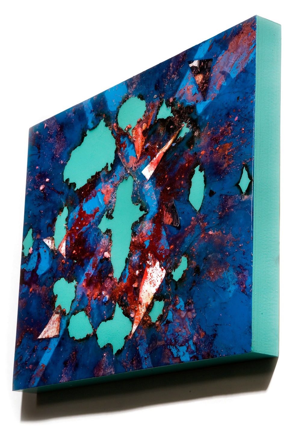 SERIE I, Untitled SIDE VIEW (blue/malachite), photographs, photo background paper, chalk, spray paint, packing tape, powder drink, glue, epoxy resin on wood panel, 16"x20"x2", 2019