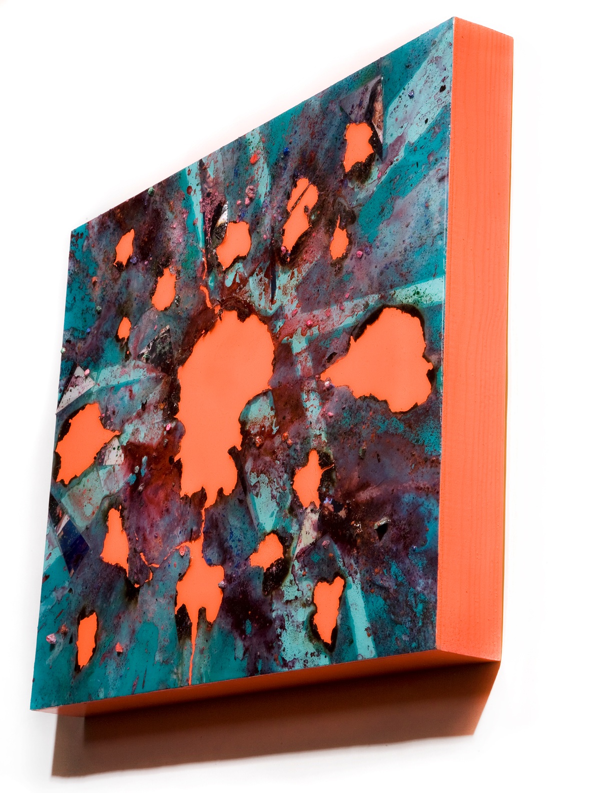 SERIE I, Untitled SIDE VIEW (teal/day-glo orange), photographs, photo background paper, chalk, spray paint, packing tape, powder drink, glue, epoxy resin on wood panel, 16"x20"x2", 2018